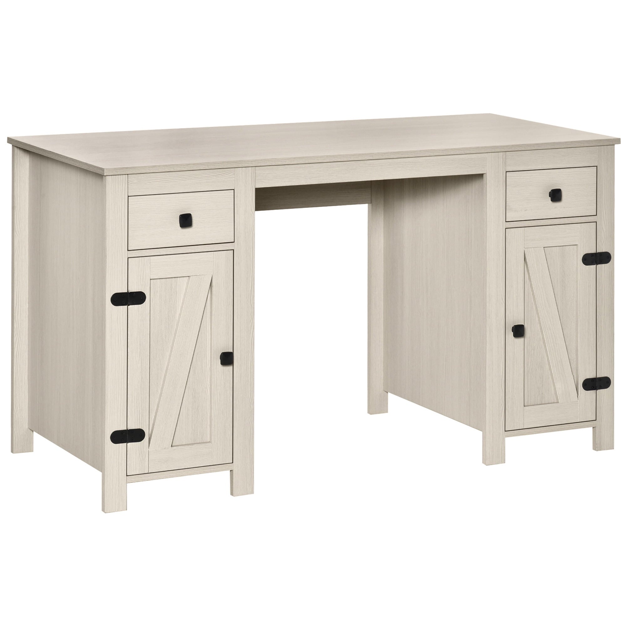HomCom Farm Style Home Office Computer Desk with 2 Drawers, 2 Cabinets with Metal Accent Hardware, White