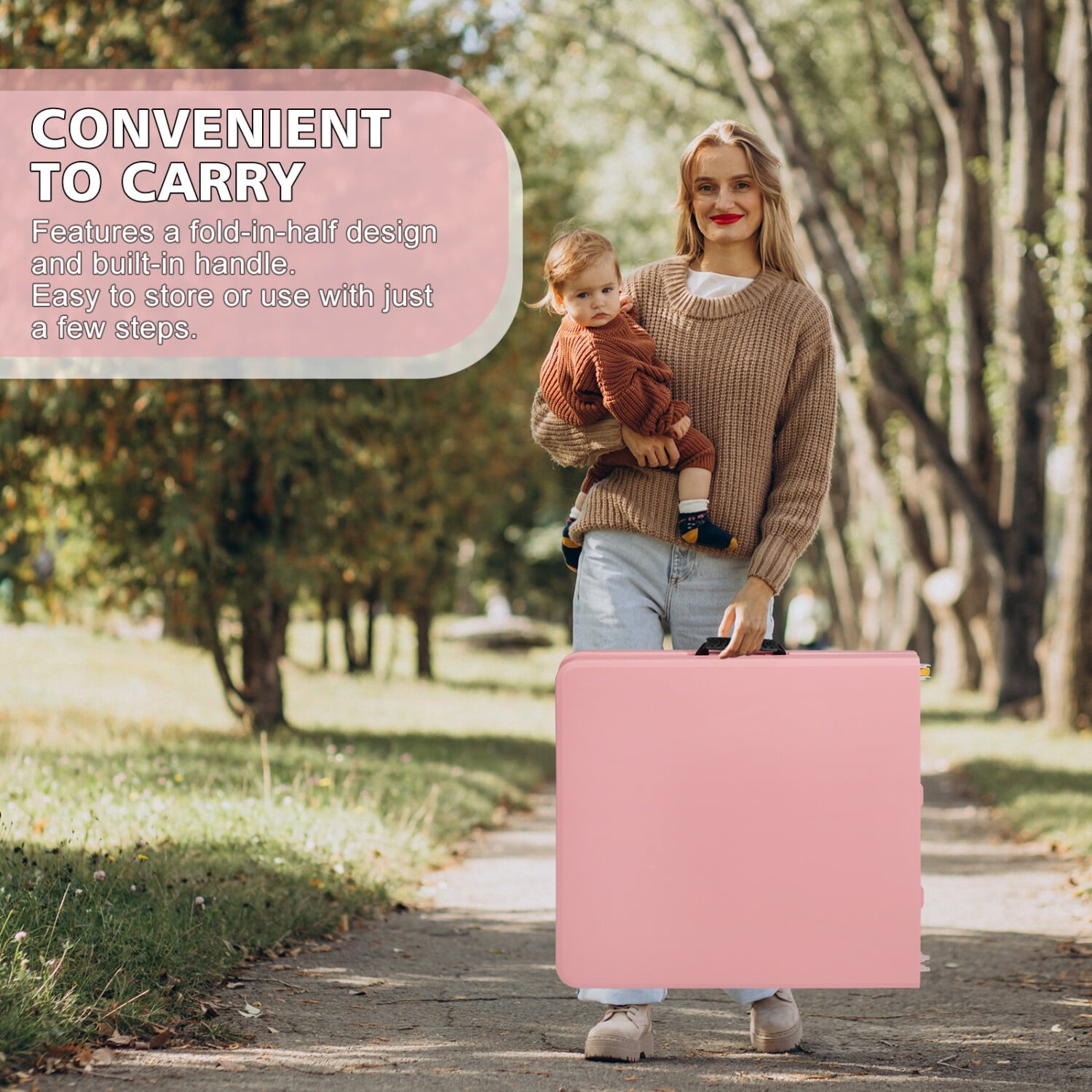 4ft Portable Folding Table, Indoor&outdoor Collapsible Table-Maximum Weight 297 Lb, Foldable Table Compact Table for Camping,Picnic, Barbecuing, Fishing, Market Stall, Family Gathering, Pink