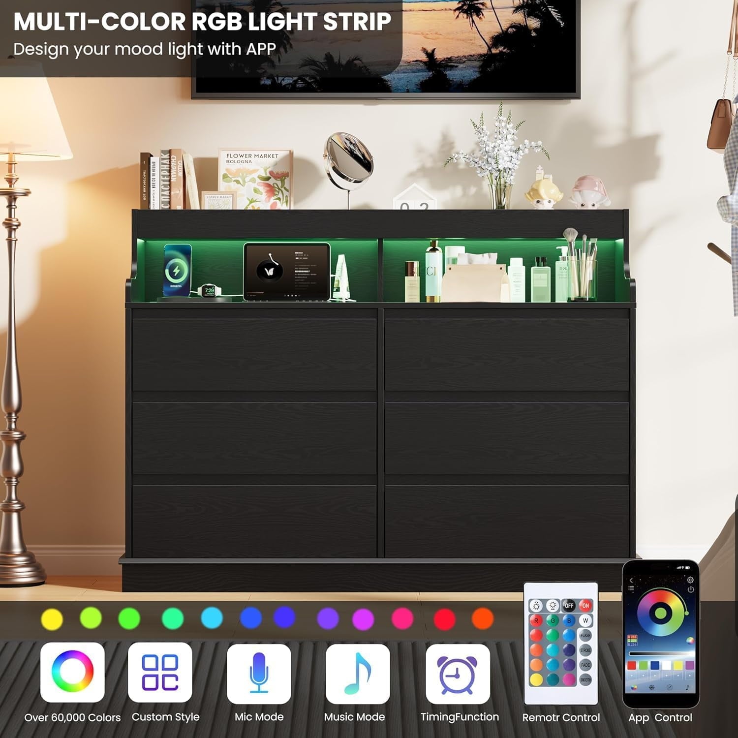 6 Drawers Dresser,Mid Century Modern Dresser with LED&Charging Station,Boho Dressers for Bedroom, Living Room, Hallway