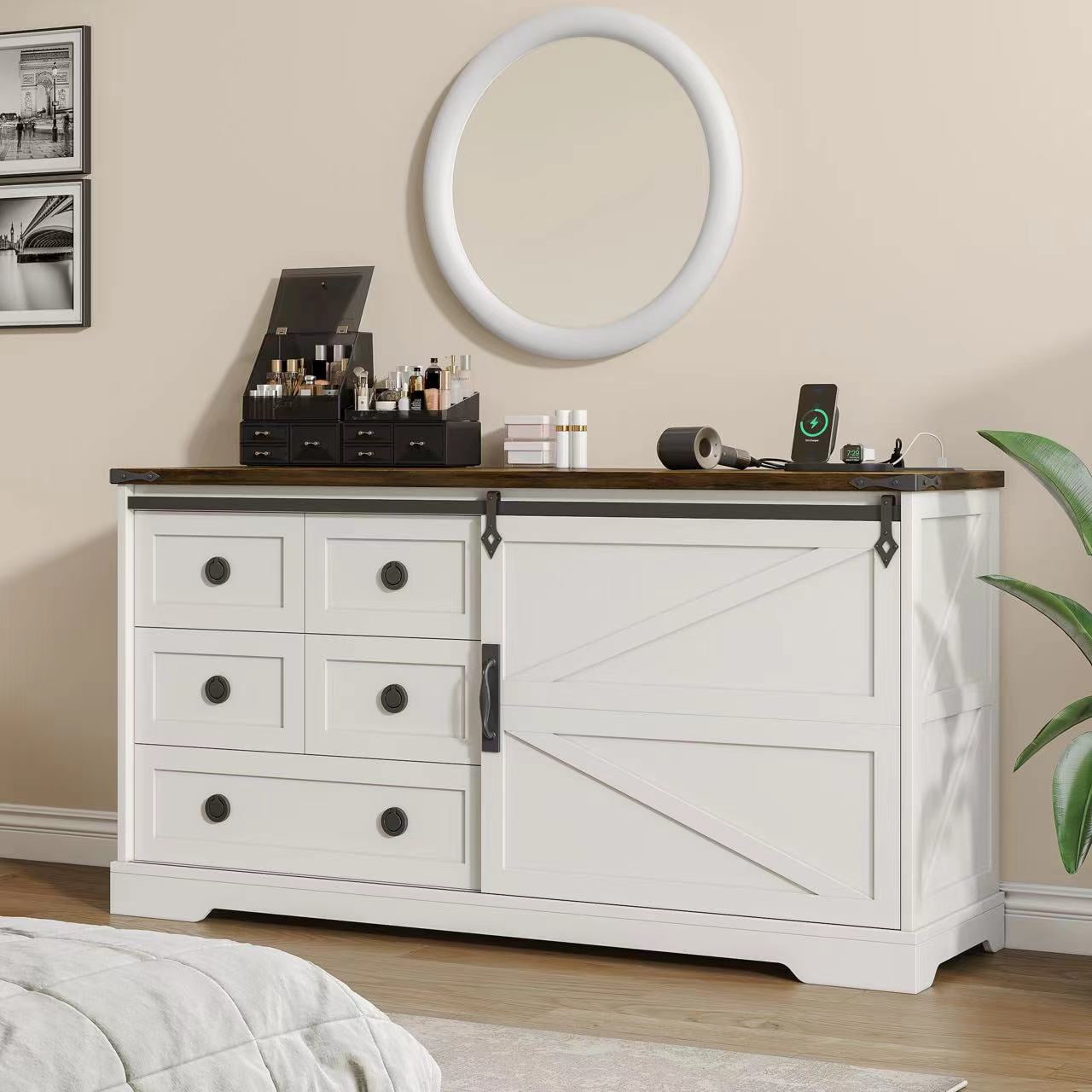 56" Farmhouse Dresser 5 Drawer with Charging Station, Sliding Barn Door Modern Storage Cabinet for Bedroom, Long Dresser Rustic Chest of Drawers Wood Organizer TV Stand for Living Room, Antique White
