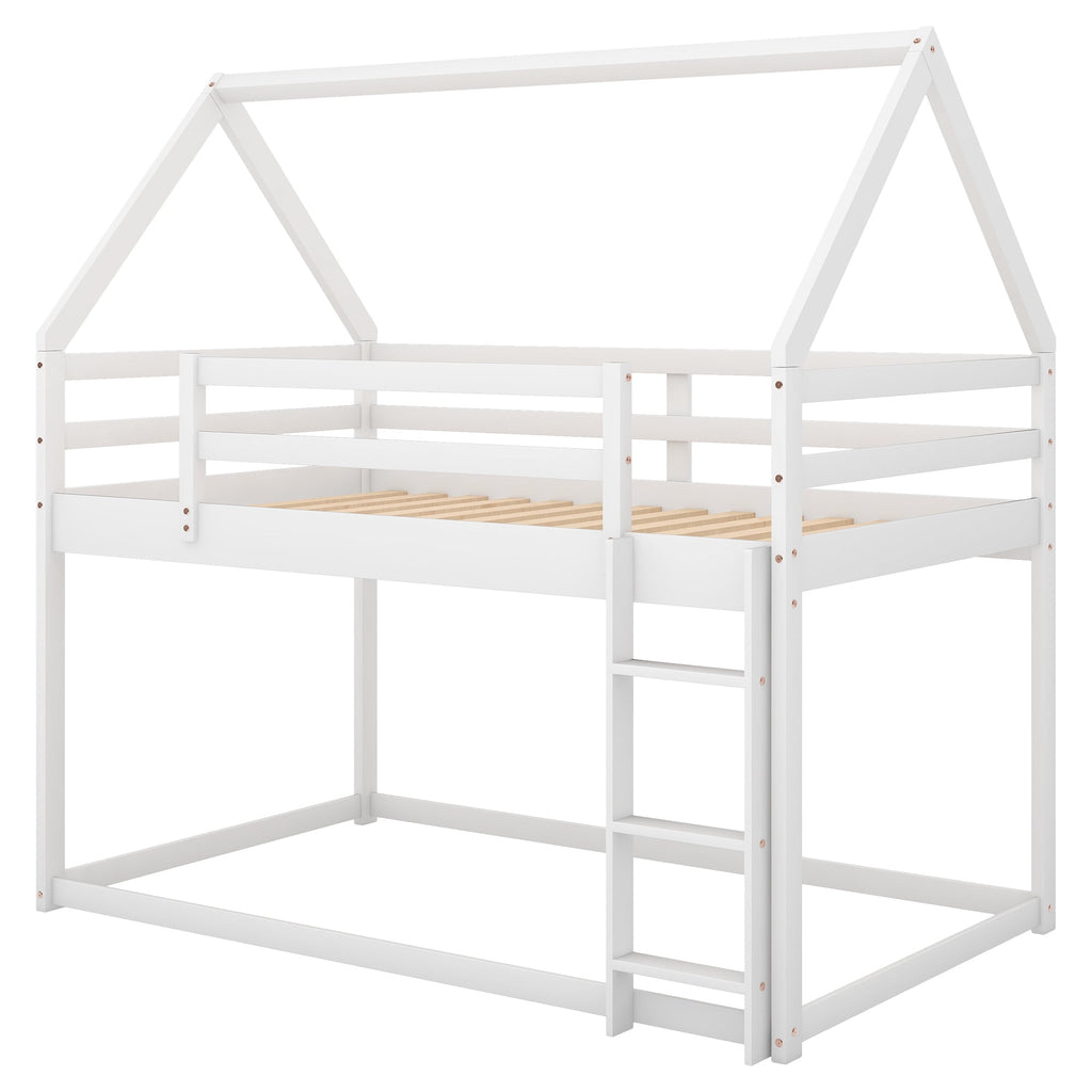 Aukfa Low Bunk Bed, Twin-Over-Twin House Bed Frame for Kids with Stair - White