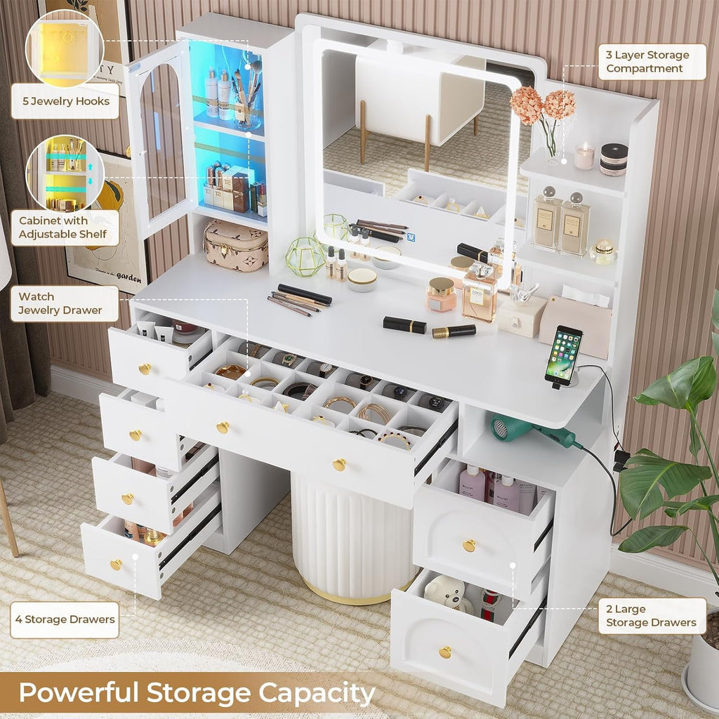 Aunfebrco Makeup Vanity Desk with Lighted Mirror and Drawers, Vanity Desk Table Dressing Table with Charging Station & Lights for Bedroom, White