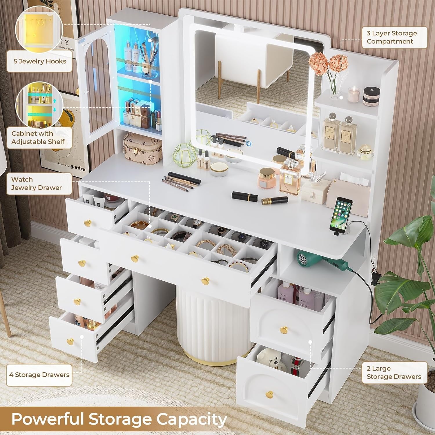 Aunfebrco Makeup Vanity Desk with Lighted Mirror and Drawers, Vanity Desk Table Dressing Table with Charging Station & Lights for Bedroom, White