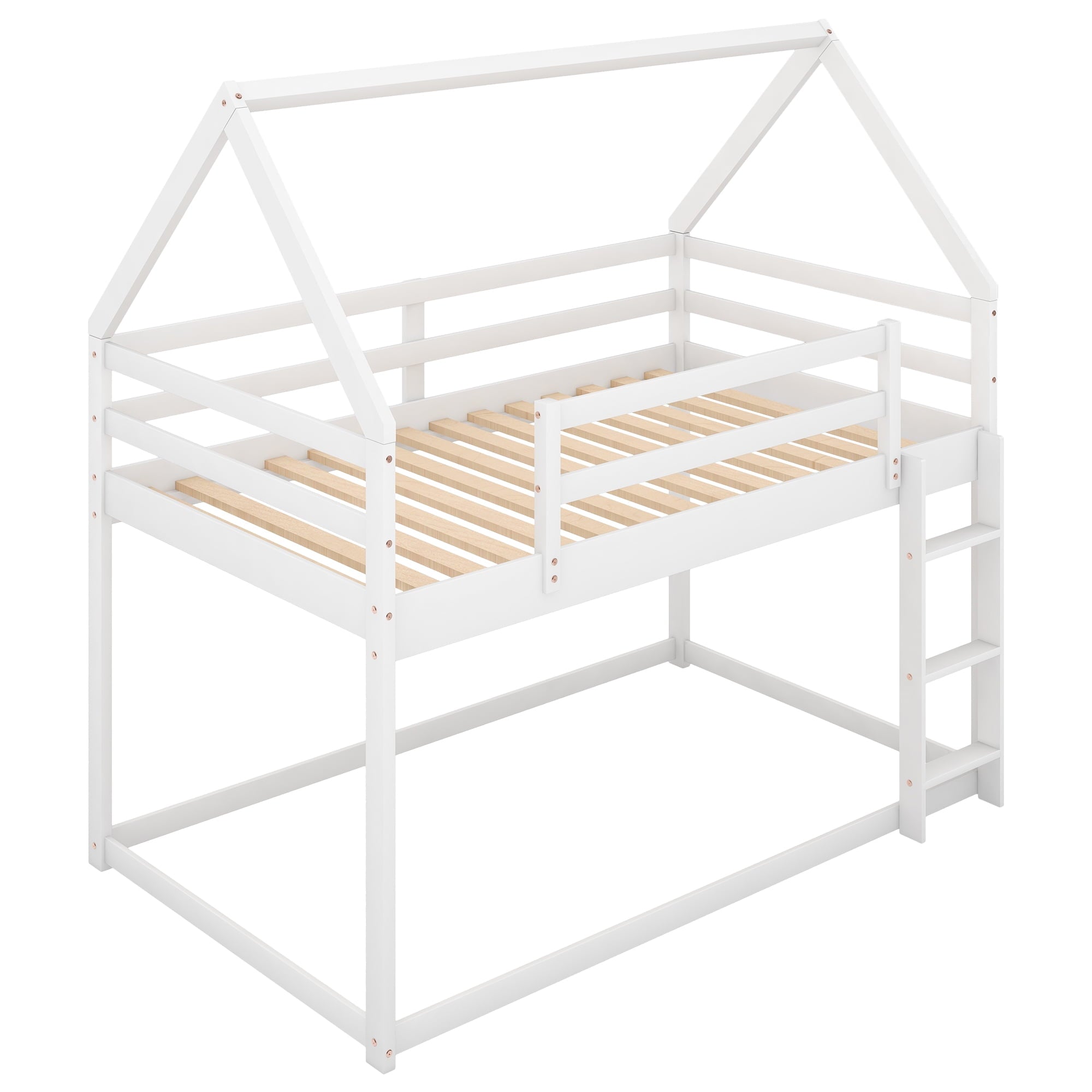 Aukfa Low Bunk Bed, Twin-Over-Twin House Bed Frame for Kids with Stair - White
