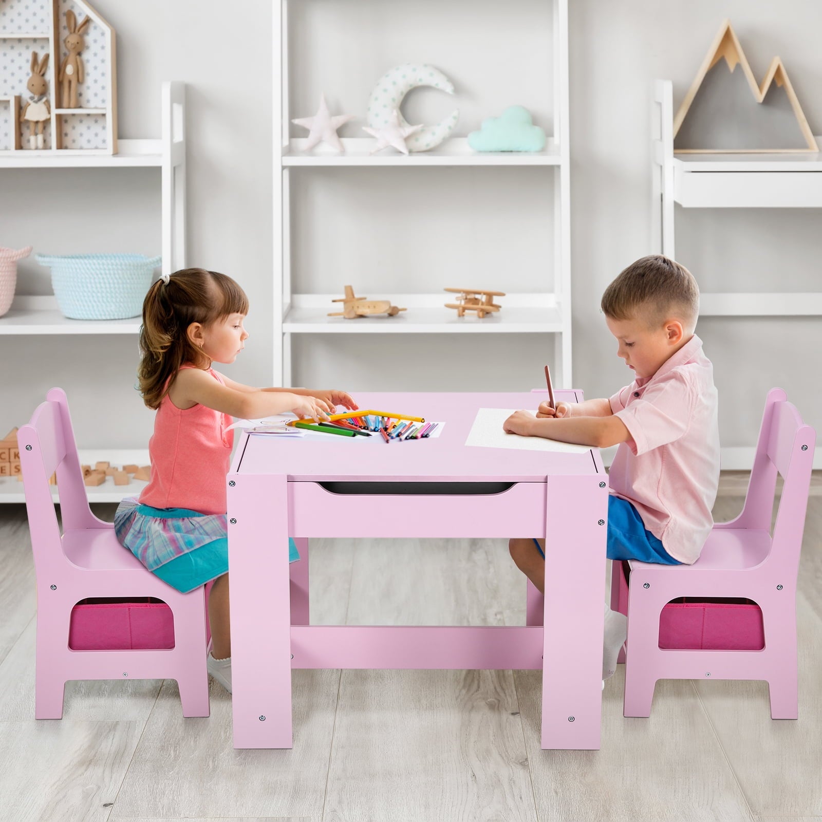 Arlopu Kids Table and 2 Chairs Set, Wooden 3pcs Activity Play Table Set for Toddlers Art Crafts Drawing Reading