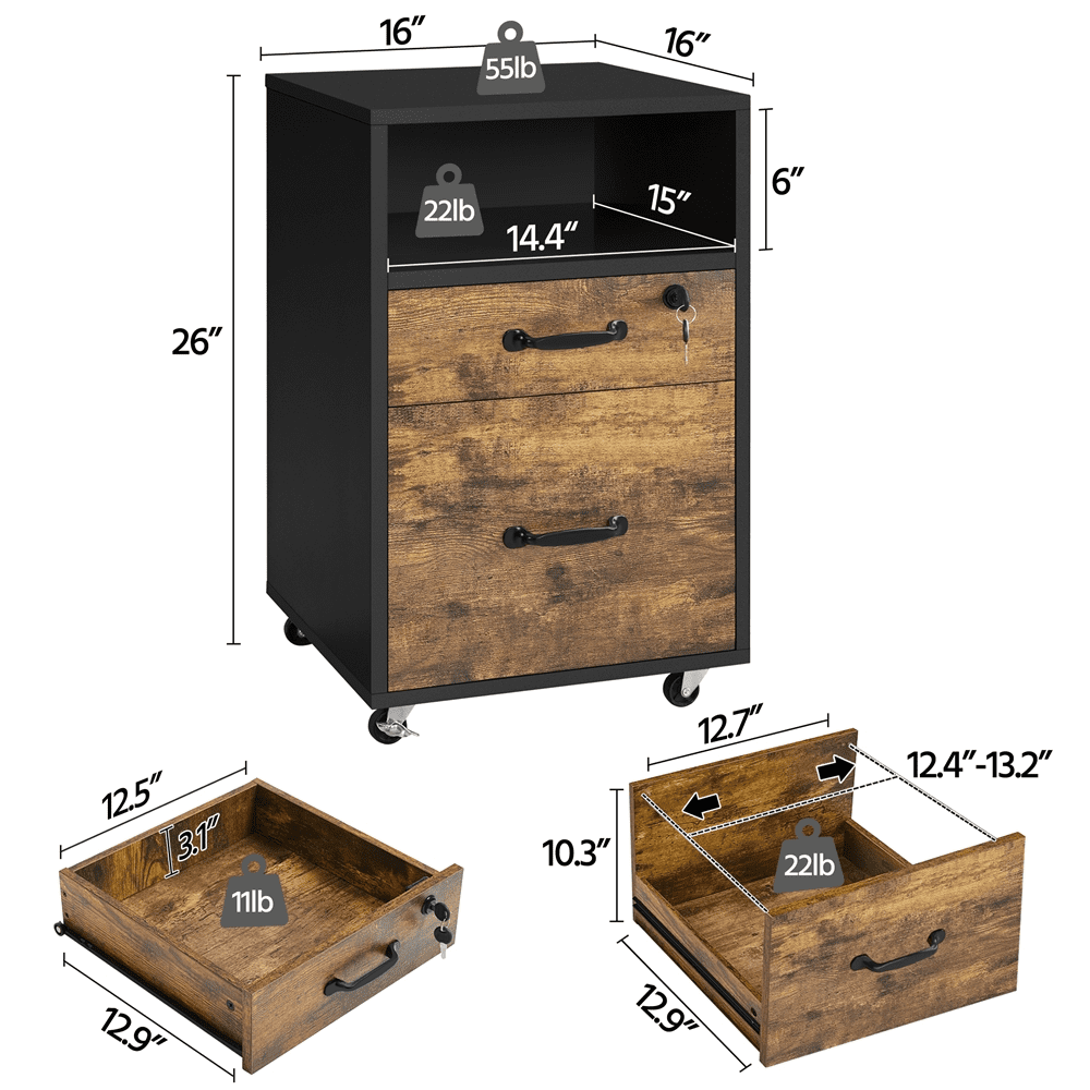 Alden Design Rolling Wooden File Cabinet with 2 Drawers and Shelf, Black/Rustic Brown