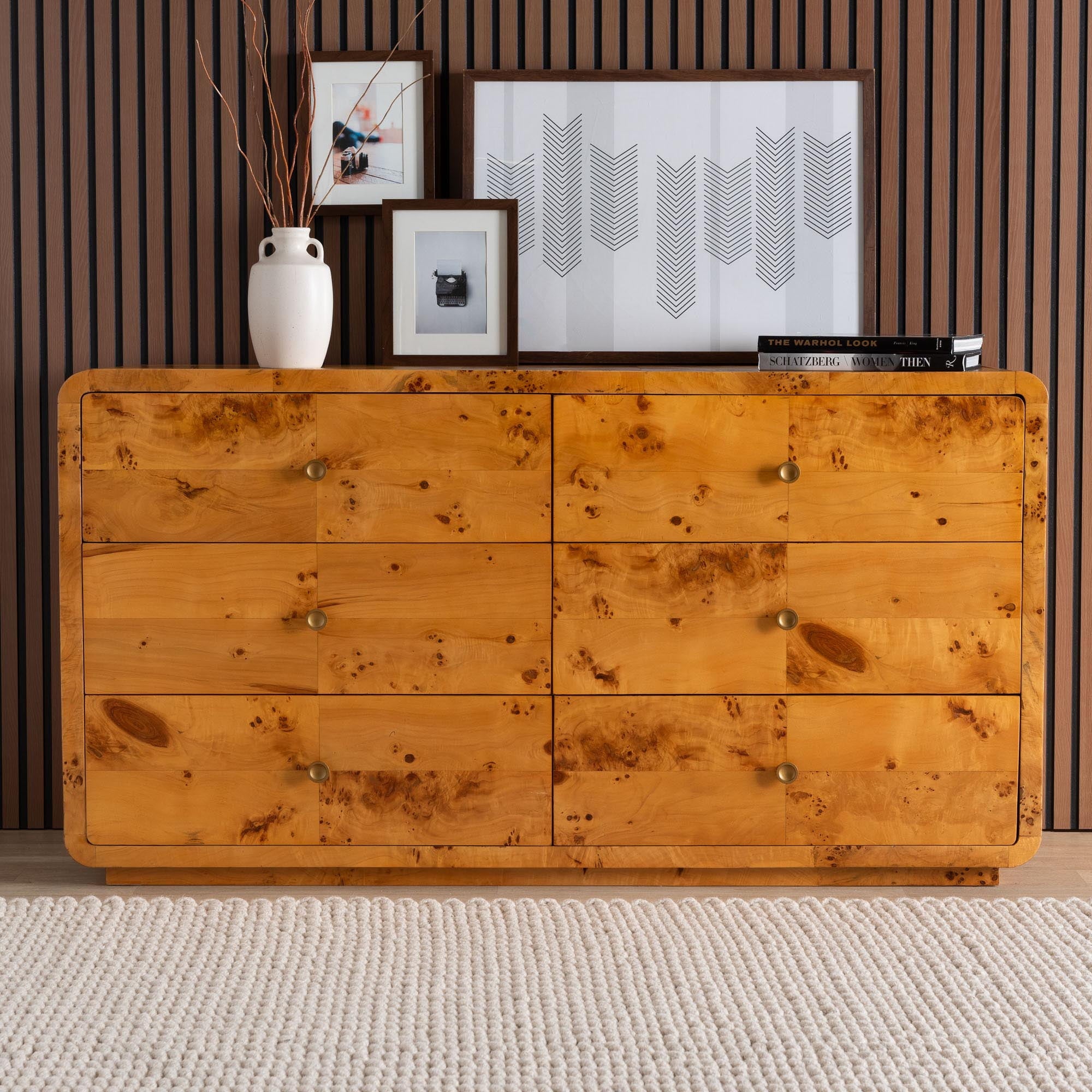 bali & pari Netra Modern Dresser, 6-Drawer, Light Mappa Burl