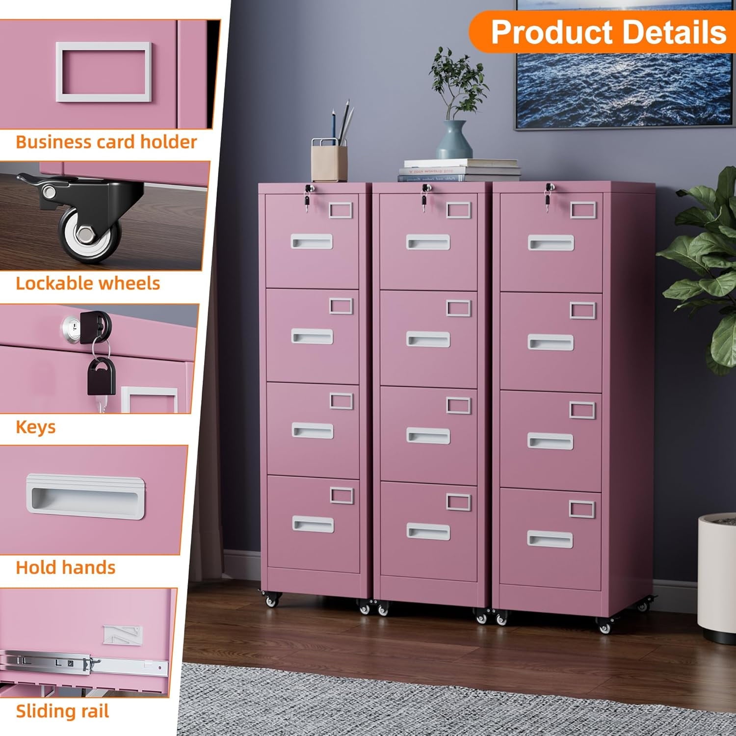 Aobabo File Cabinet 4 Drawer with Wheels, Lockable Office Metal Filing Cabinet with Name Card for Office and Home,Assembly Required,Pink