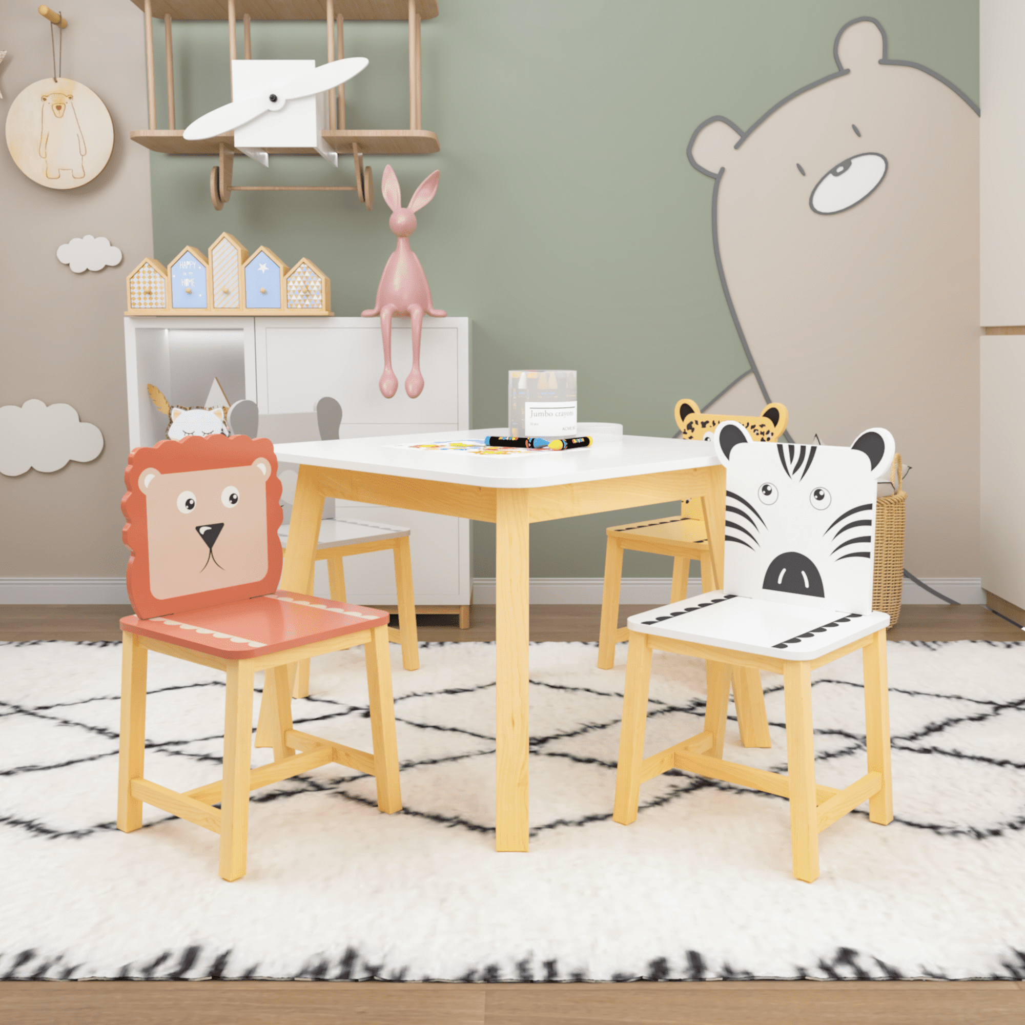 5 Pieces Kids Table and 4 Chairs Set for Ages 3-8 Boy Girl, Wood Kiddy Table with 4 Chairs Set Cartoon Animals, 19.7''H Square Activity Table and Chairs Set for Home, Nursery, Kindergarten, White