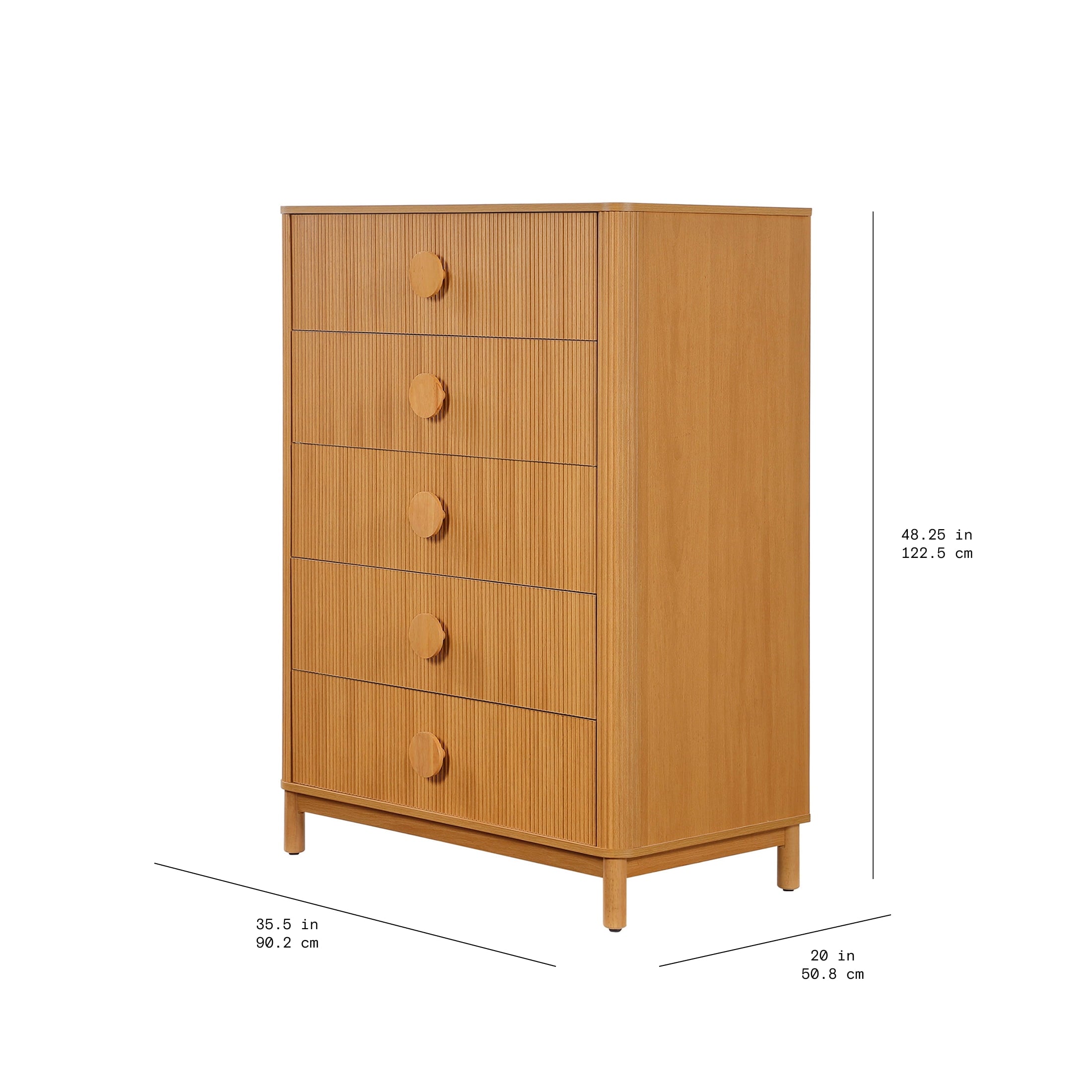 Beautiful Fluted 5-Drawer Dresser, Warm Honey Finish