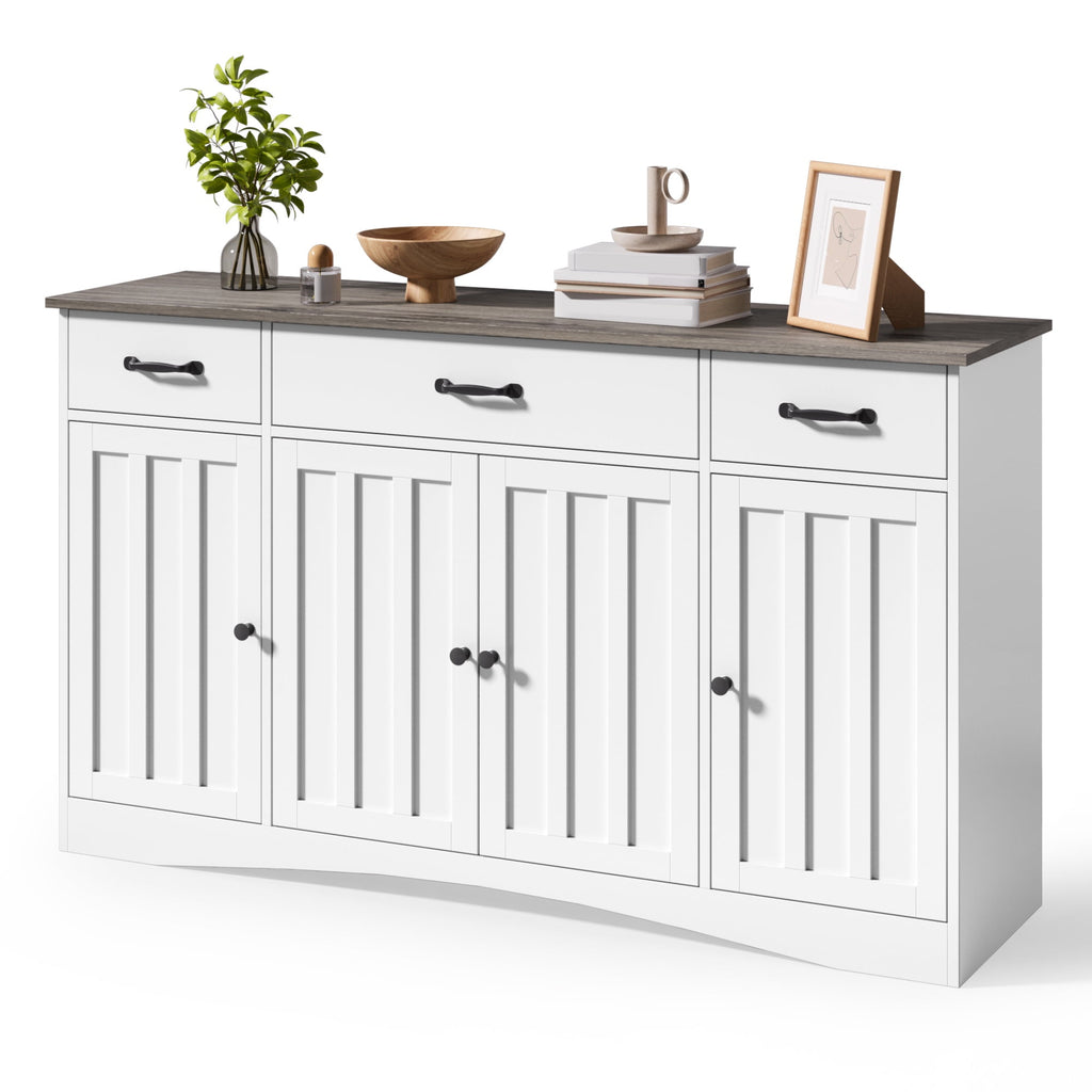 Aiho Modern Sideboard Buffet Cabinet with Storage – 55.1" W x 15.2" D x 31.9" H, Wooden Cabinet with Drawers and Doors for Dining Room, Kitchen, or Coffee Bar, White/Grey