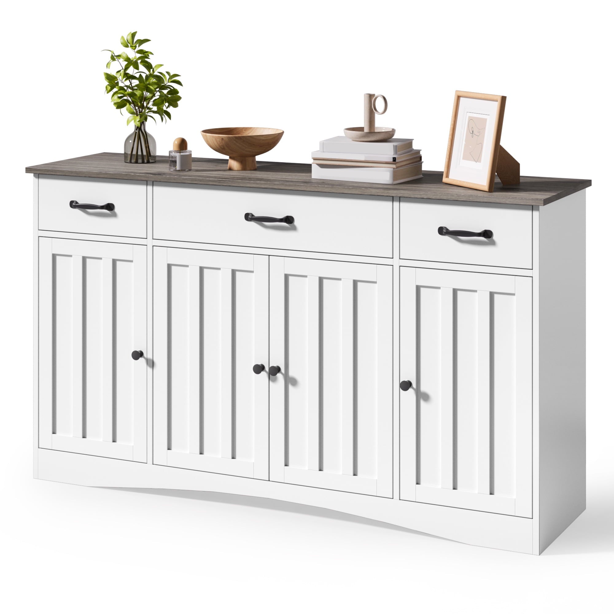 Aiho Modern Sideboard Buffet Cabinet with Storage – 55.1" W x 15.2" D x 31.9" H, Wooden Cabinet with Drawers and Doors for Dining Room, Kitchen, or Coffee Bar, White/Grey