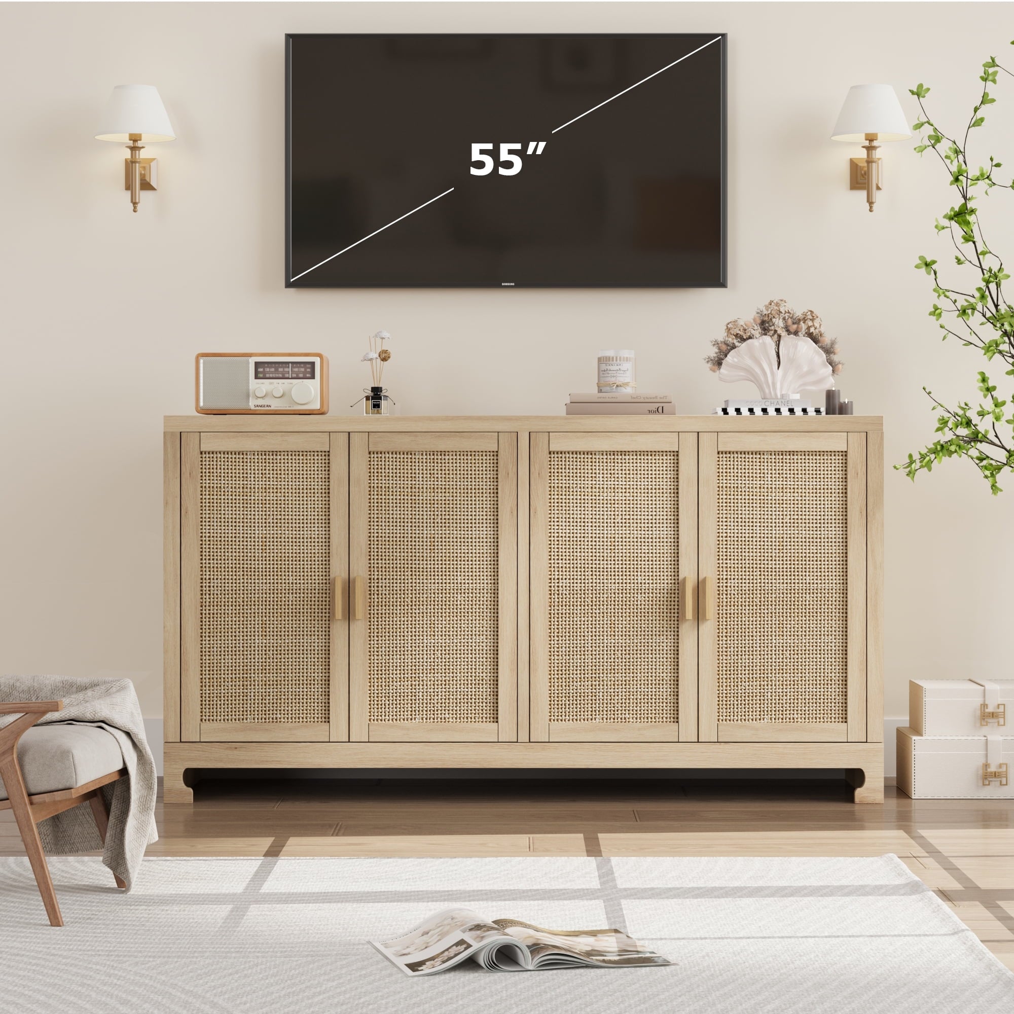 61.4"W Buffet Cabinet TV Stand, Accent Rattan Storage Cabinet with 4 Doors and Shelf, Sideboard Buffet Cabinet with Storage, Modern Console Table Coffee Bar Cabinet for Dining Room, Kitchen
