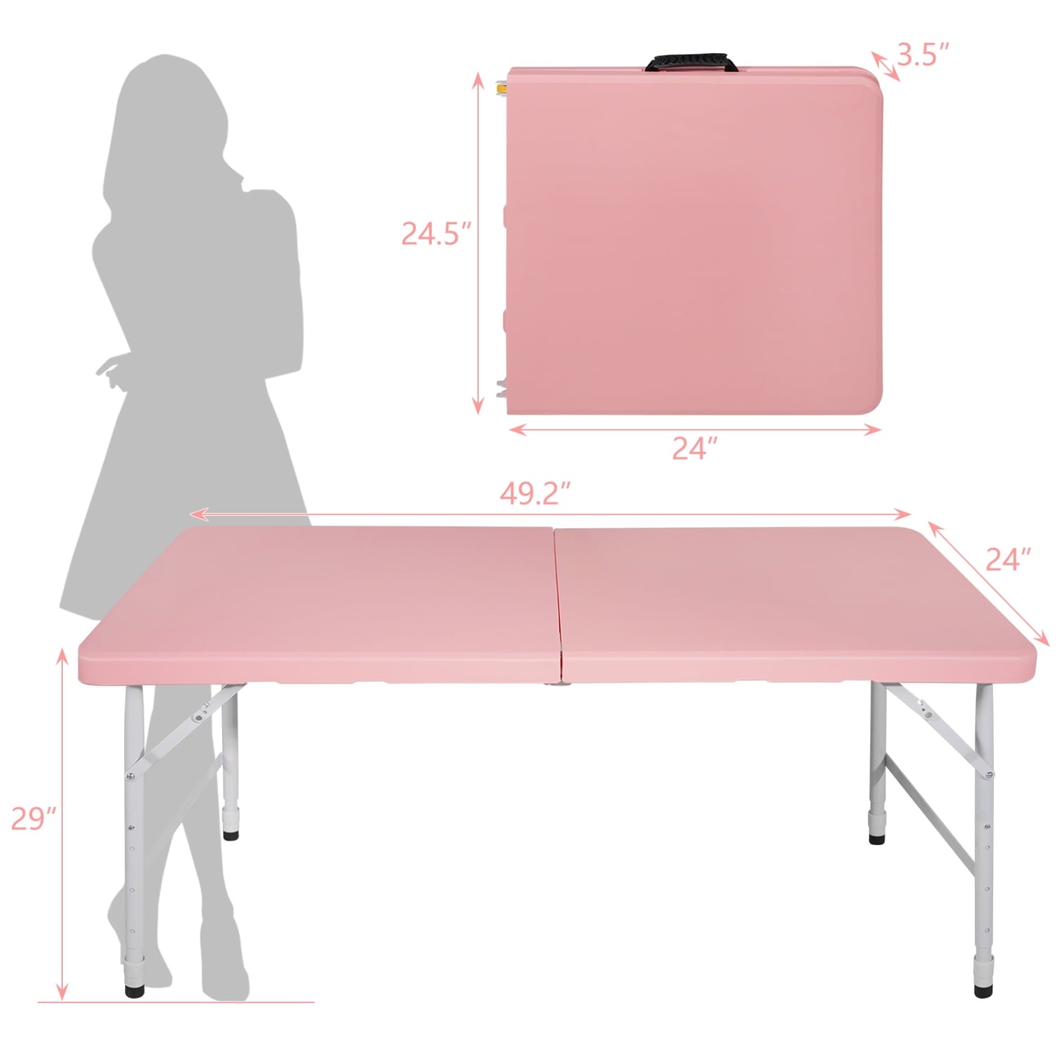 4ft Portable Folding Table, Indoor&outdoor Collapsible Table-Maximum Weight 297 Lb, Foldable Table Compact Table for Camping,Picnic, Barbecuing, Fishing, Market Stall, Family Gathering, Pink