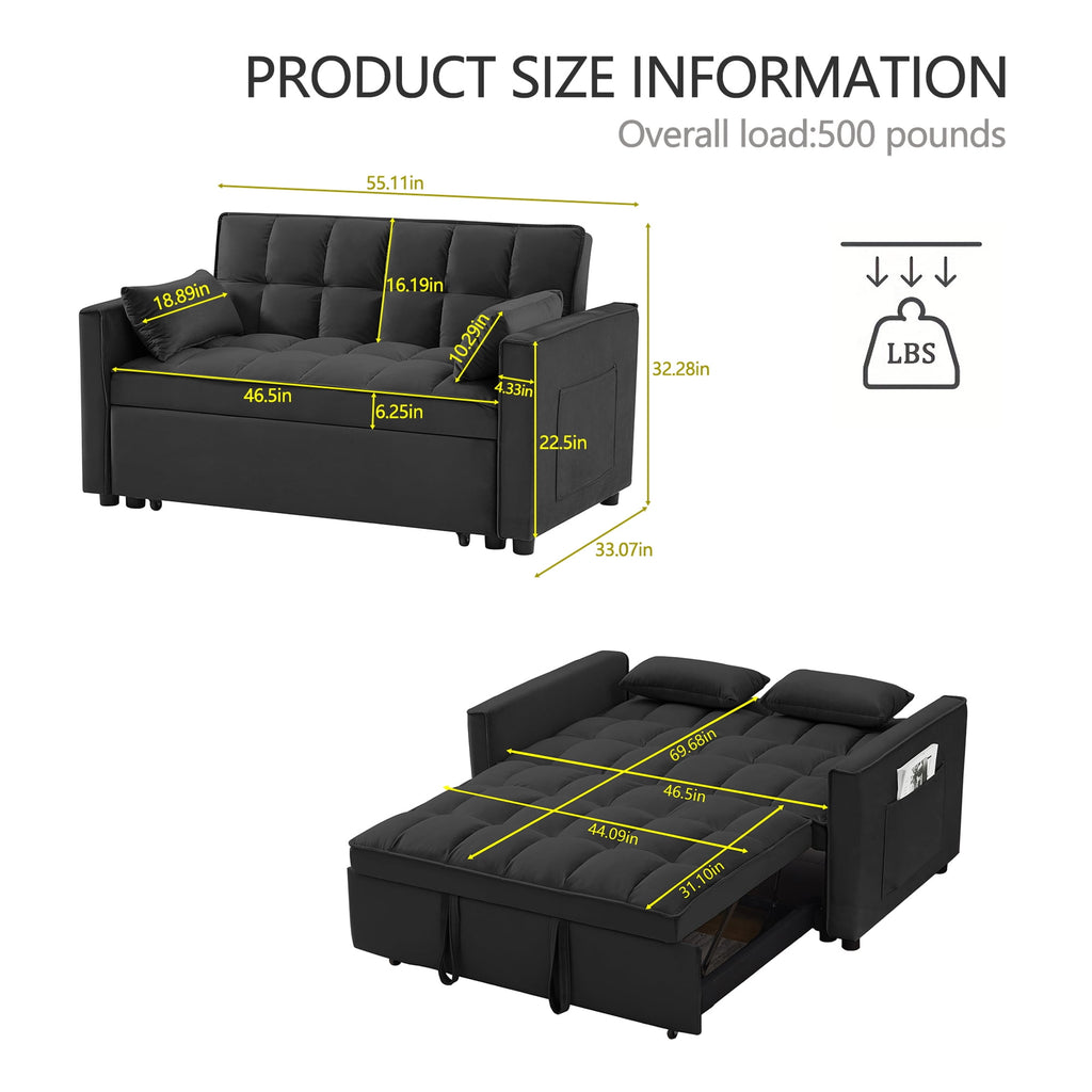 3 in 1 Sleeper ,55" Modern Velvet Convertible Pull Out Bed, Loveseat with 2 Toss Pillows and Adjustable Backrest for ,Black