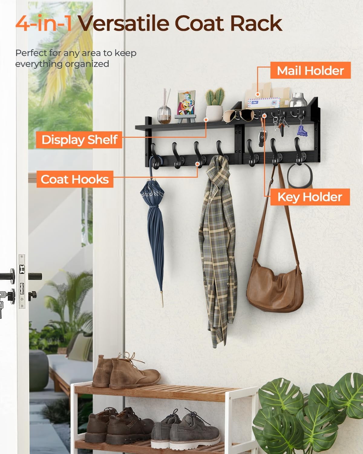 " Coat Rack Wall Mount with Shelf, 4 in 1 Entryway Key Holder with 7 Coat Hooks 4 Key Hangers Mail Organizer, Wood Wall Shelf for Living Room, Bedroom, Bathroom