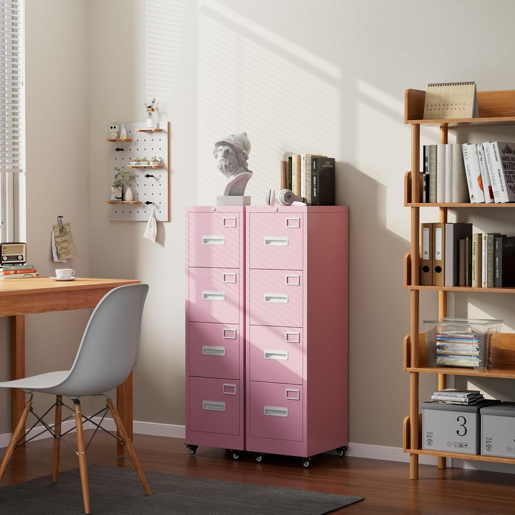 Aobabo File Cabinet 4 Drawer with Wheels, Lockable Office Metal Filing Cabinet with Name Card for Office and Home,Assembly Required,Pink