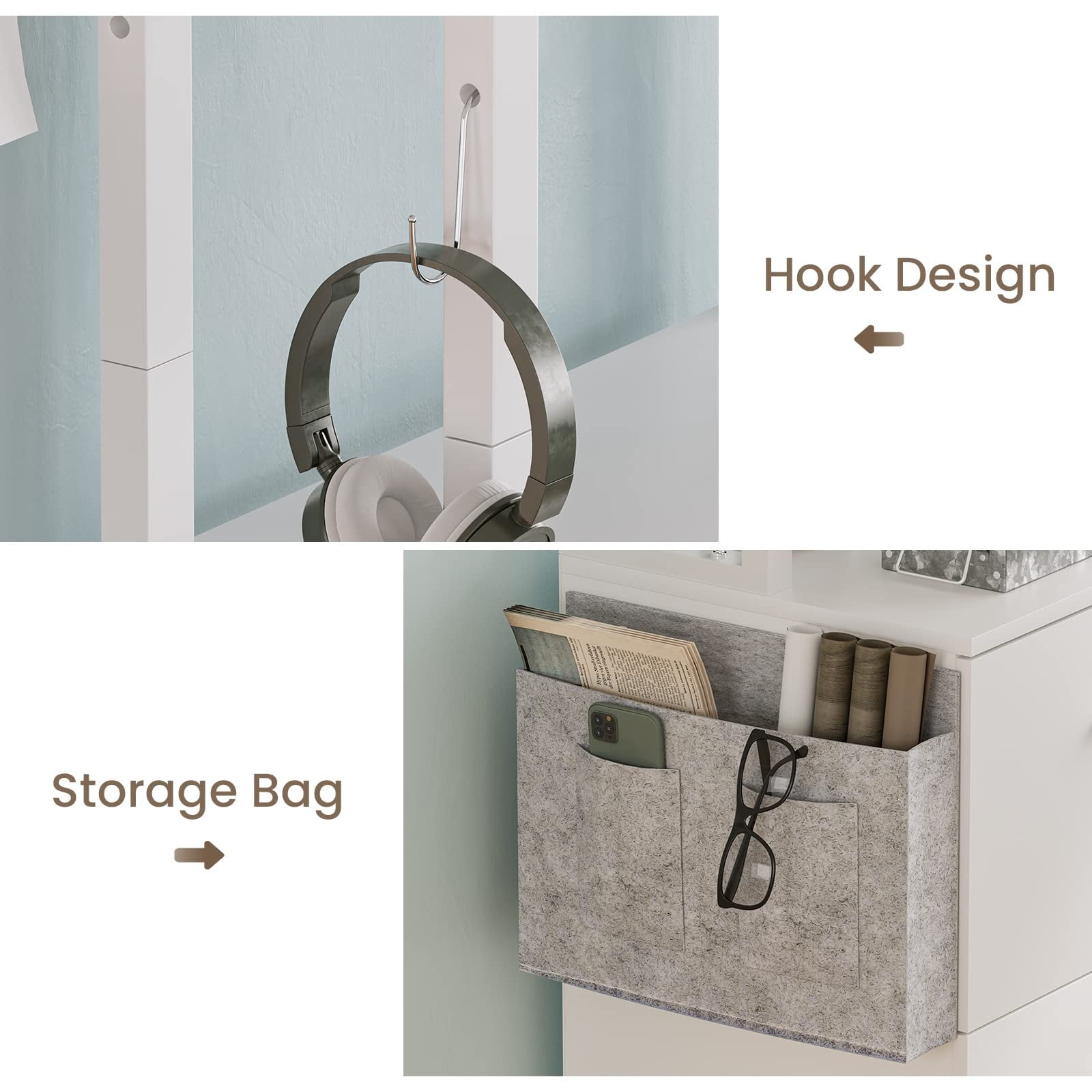 2 Drawer File Cabinet, Filing Cabinet with Lock fits Letter, Legal, A4 Size, File Cabinets for Home Office with Storage Bag, Open Shelf and Hook, White