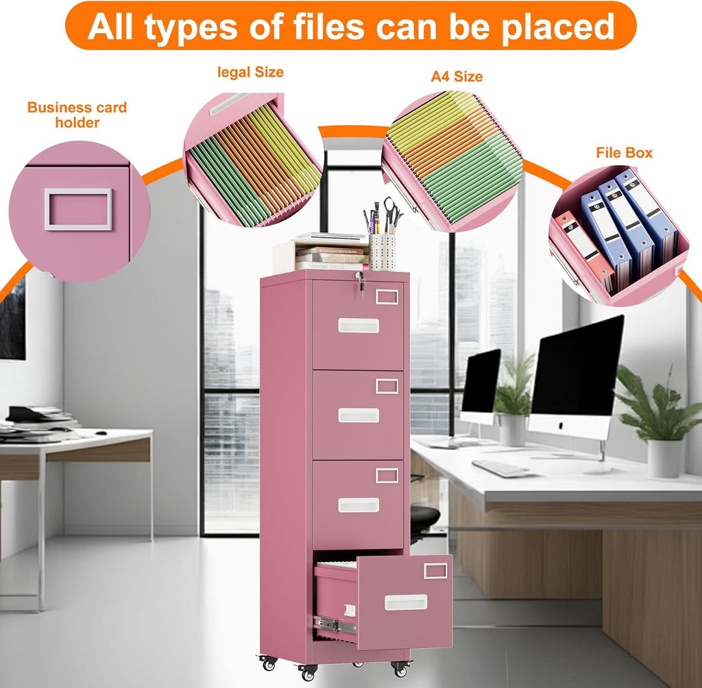 Aobabo File Cabinet 4 Drawer with Wheels, Lockable Office Metal Filing Cabinet with Name Card for Office and Home,Assembly Required,Pink