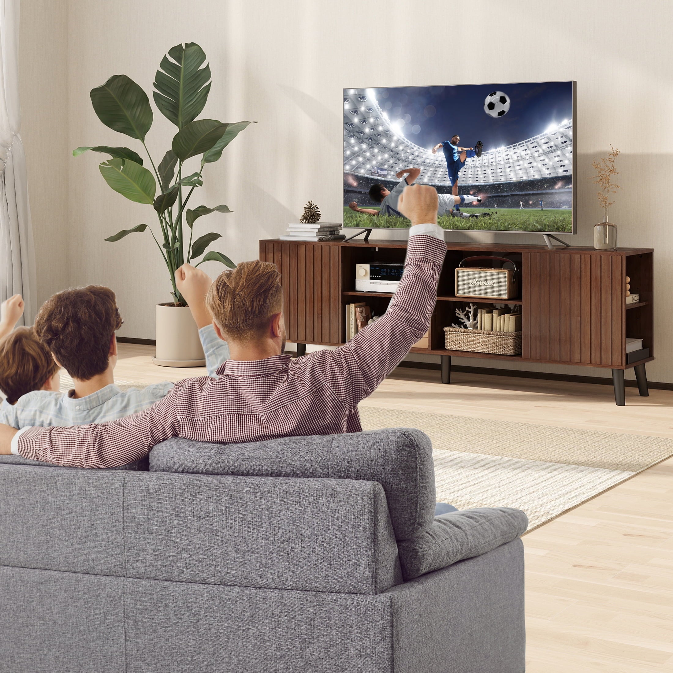 Anrist Mid-Century Modern TV Stand, Home Media Entertainment Center for up to 85in TV Console Storage Cabinet for Living Room, Walnut