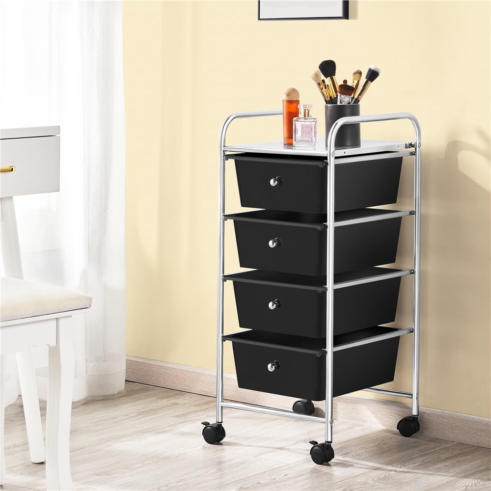 Alden Design 4 Drawers Metal Frame Storage Cart Rolling Bin Trolley, Black