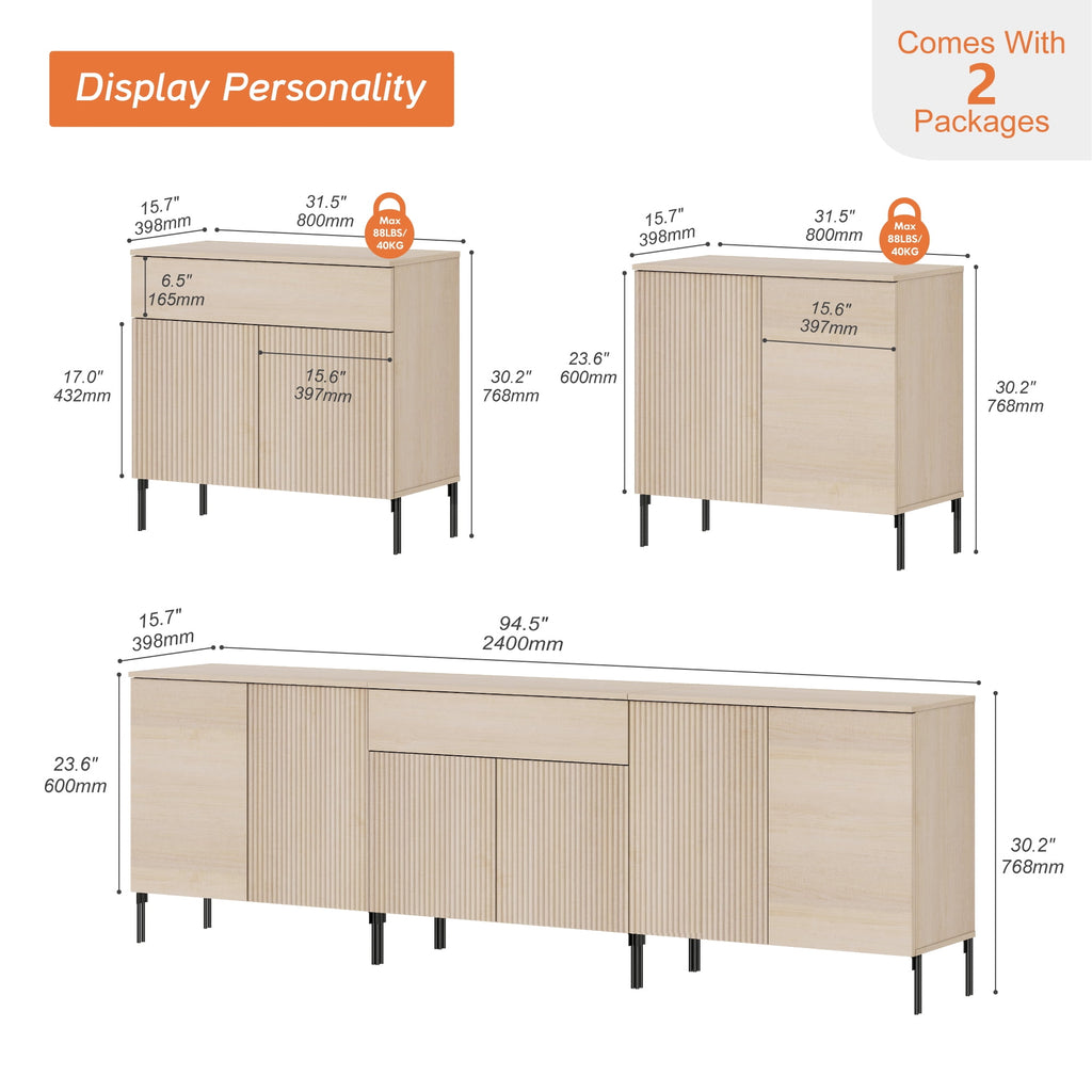 94.5" Modern Reeded Dresser TV Stand for TVs up to 100 Inch, Entertainment Center with Adjustable, Wooden TV Console with Storage for Living Room