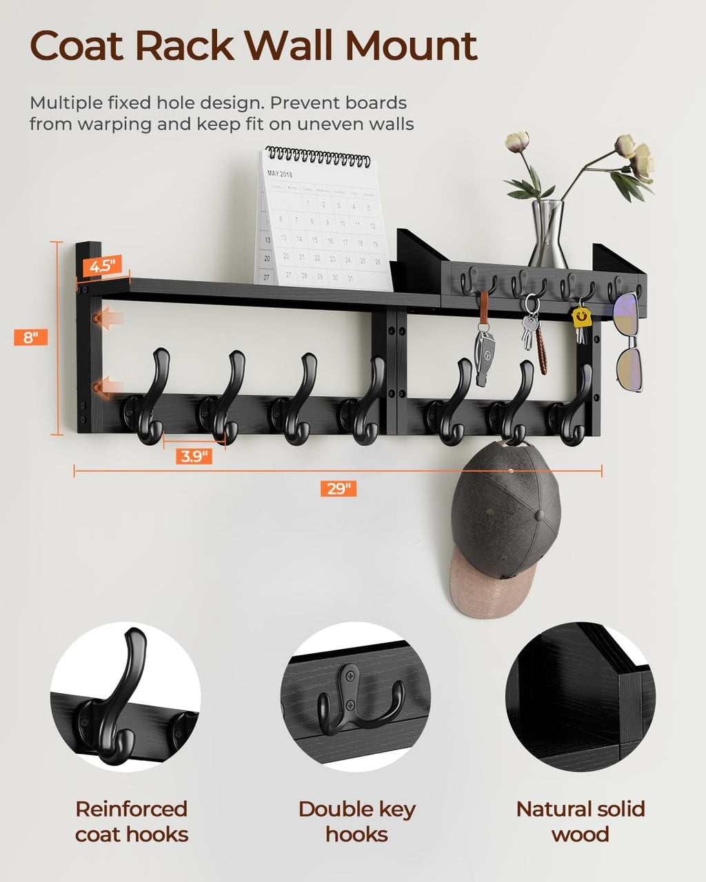 " Coat Rack Wall Mount with Shelf, 4 in 1 Entryway Key Holder with 7 Coat Hooks 4 Key Hangers Mail Organizer, Wood Wall Shelf for Living Room, Bedroom, Bathroom