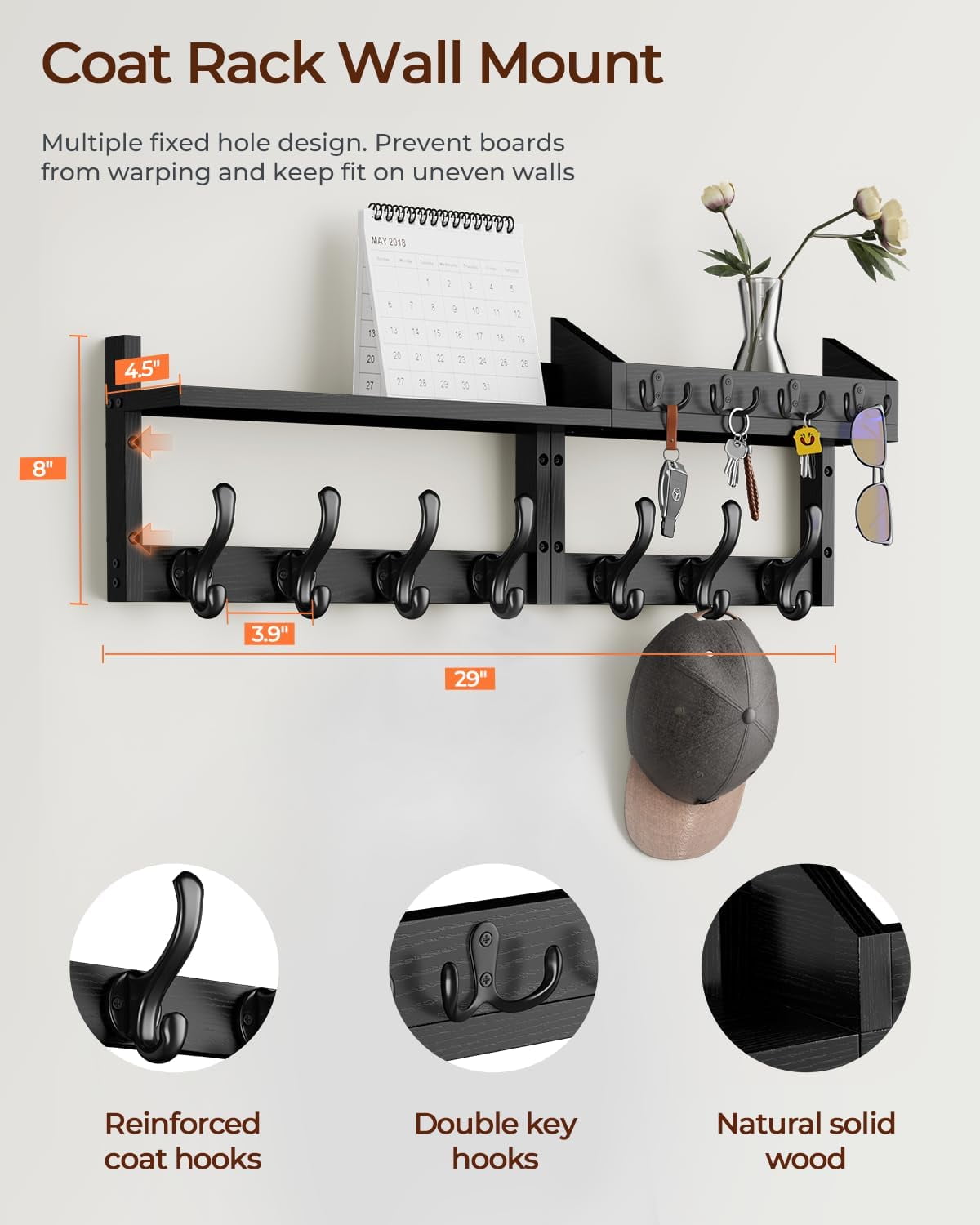 " Coat Rack Wall Mount with Shelf, 4 in 1 Entryway Key Holder with 7 Coat Hooks 4 Key Hangers Mail Organizer, Wood Wall Shelf for Living Room, Bedroom, Bathroom