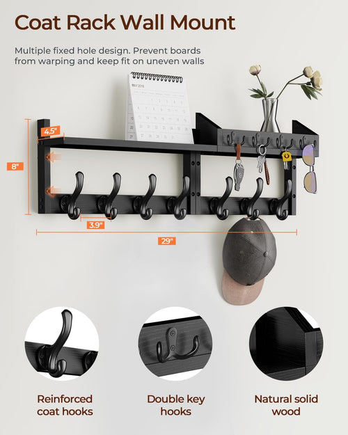 " Coat Rack Wall Mount with Shelf, 4 in 1 Entryway Key Holder with 7 Coat Hooks 4 Key Hangers Mail Organizer, Wood Wall Shelf for Living Room, Bedroom, Bathroom