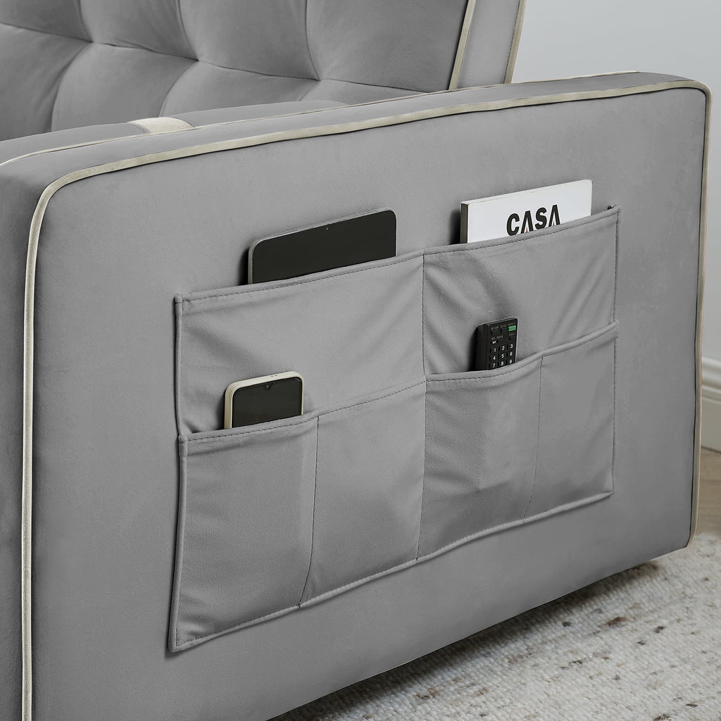 3 in 1 Convertible Sleeper Sofa Bed,55" Modern Velvet Sofa Couch Bed with 2 Lumbar Pillows and Adjsutable Backrest,2 Seater Loveseats Sofa for Apartment Office Living Room,Gray