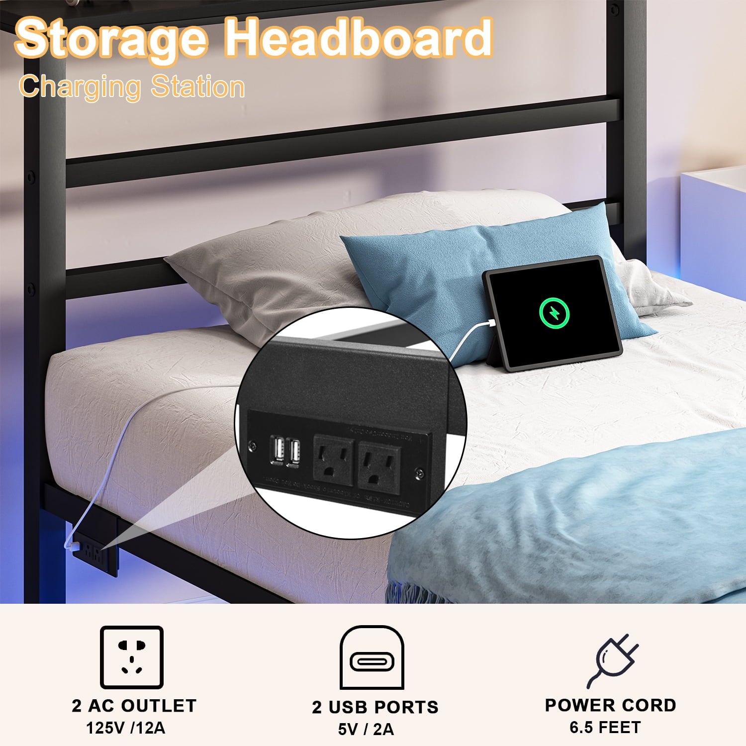 4 EVER WINNER Twin Size Bed Frame with LED Light, Twin LED Bed Frame with Charging Station, Metal Platform Bed Frame with Shelf Headboard, Black