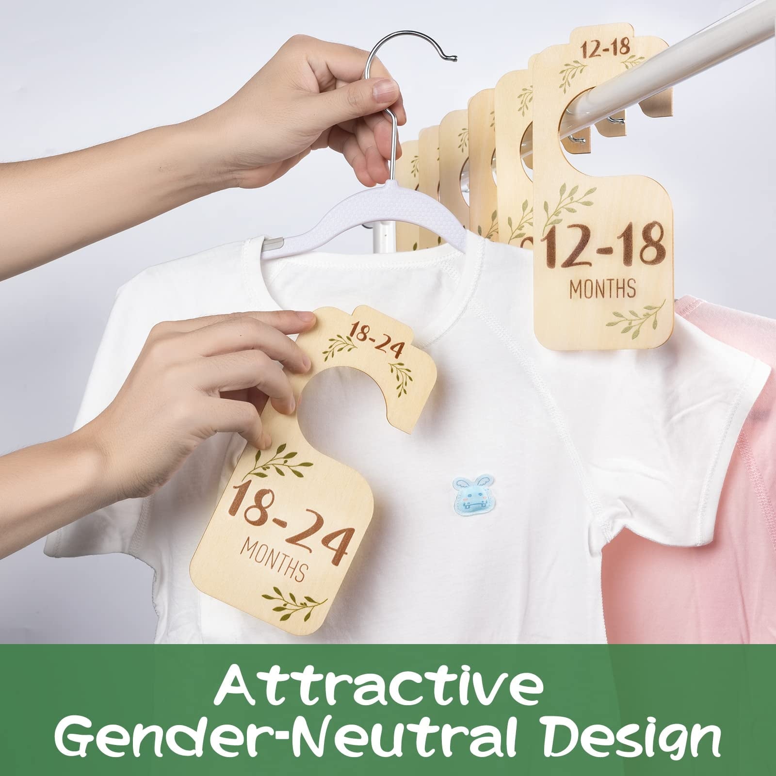 Baby Closet Dividers for Clothes Organizer - Set of 8 Wooden Double-Sided Baby Clothes Size Hanger Organizer from Newborn to 24 Months for Boho Nursery Decor