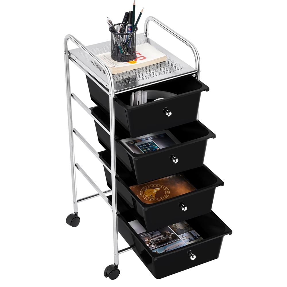 Alden Design 4 Drawers Metal Frame Storage Cart Rolling Bin Trolley, Black