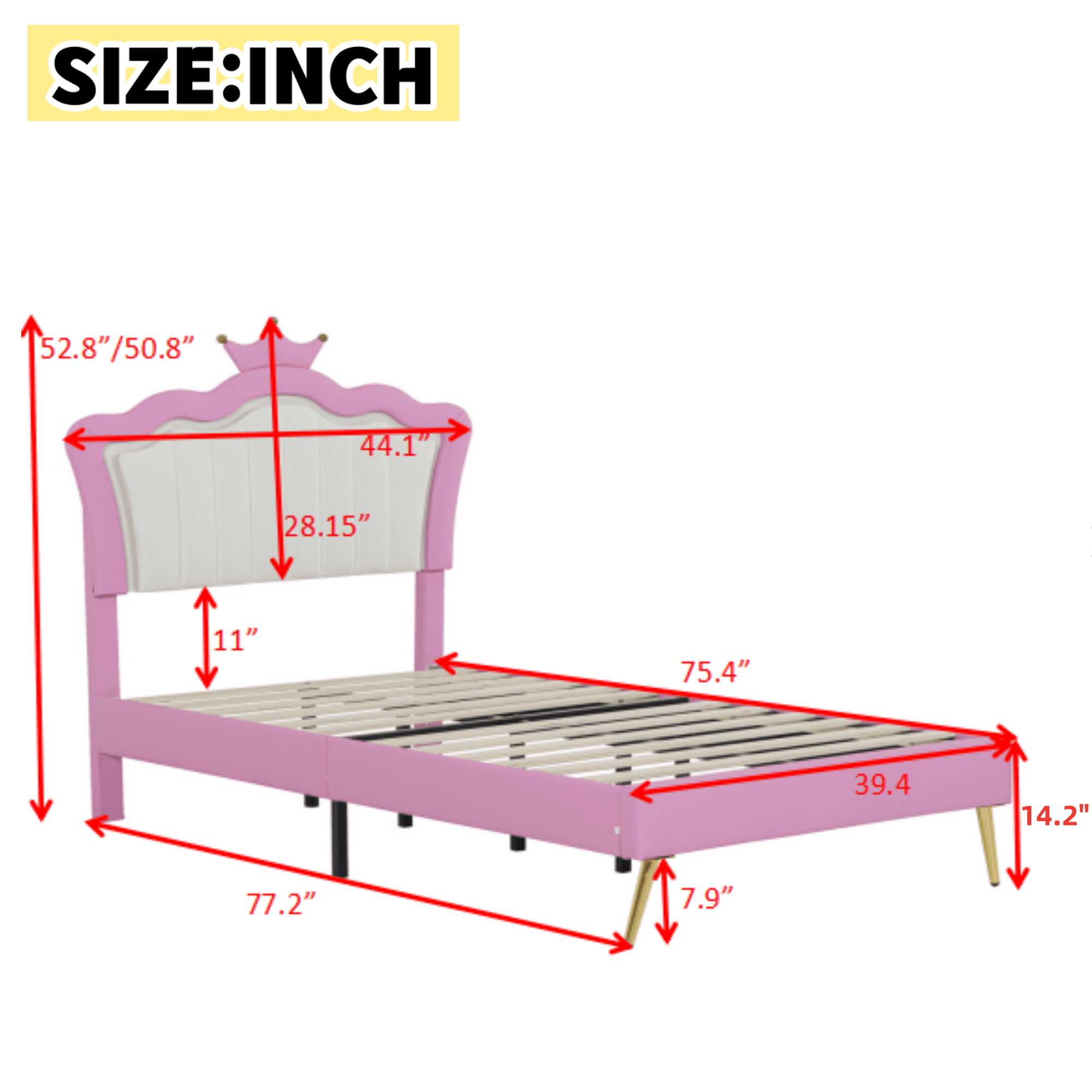 Bellemave Twin Size Upholstered LED Bed Frame, Princess Platform Bed with Crown Headboard, Pink Cute Girls Full Beds with Wooden Slats Support, No Box Spring Needed-Pink