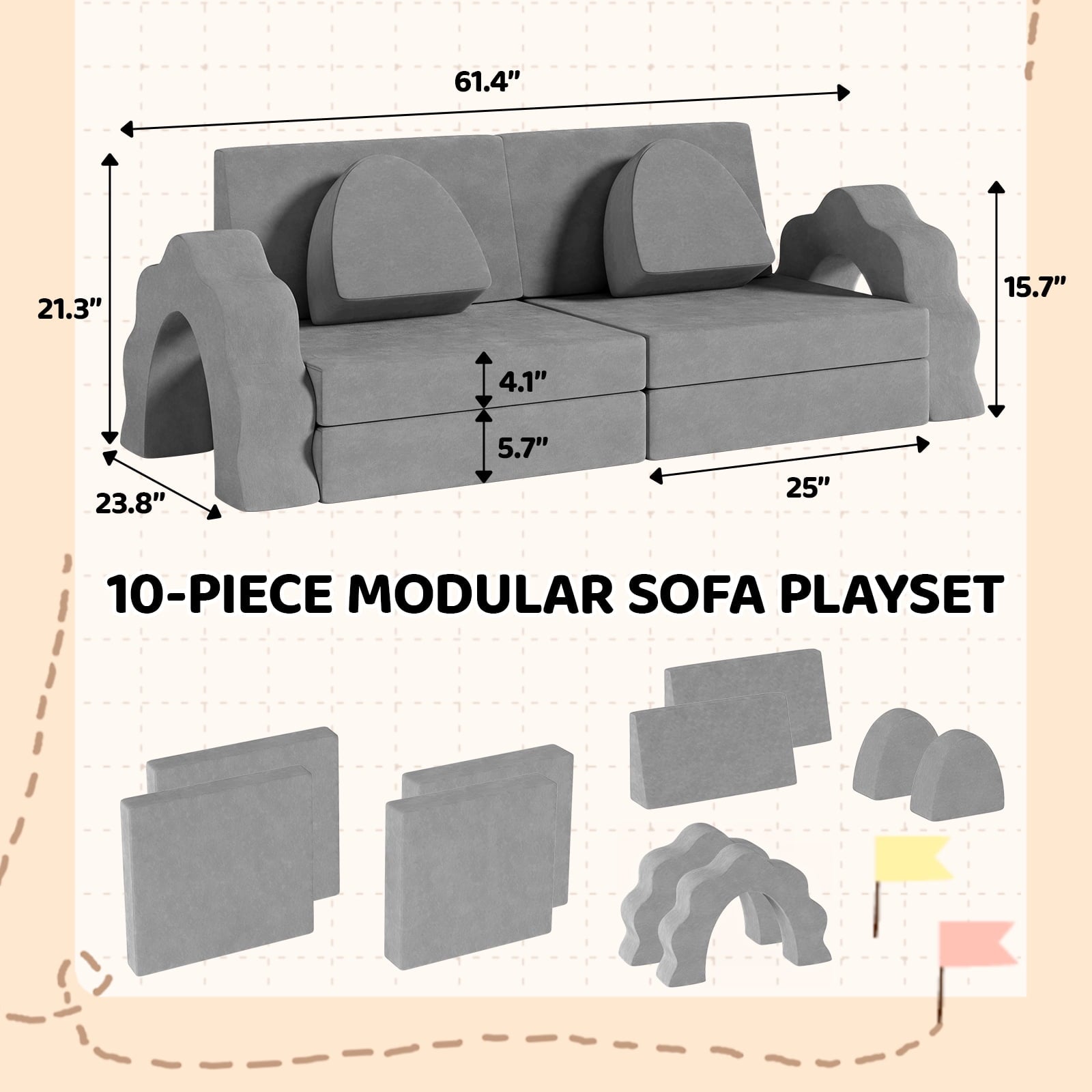 Arlopu Baby Couch Sofa 10Pcs Creative Modular Toddler Couch Convertible Toddler Play Sofa for Playroom Creative Boy Girl