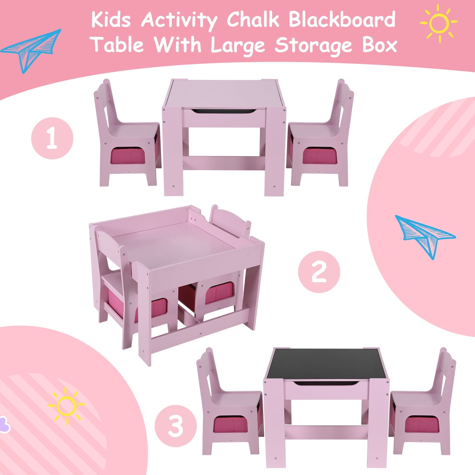 Arlopu Kids Table and 2 Chairs Set, Wooden 3pcs Activity Play Table Set for Toddlers Art Crafts Drawing Reading