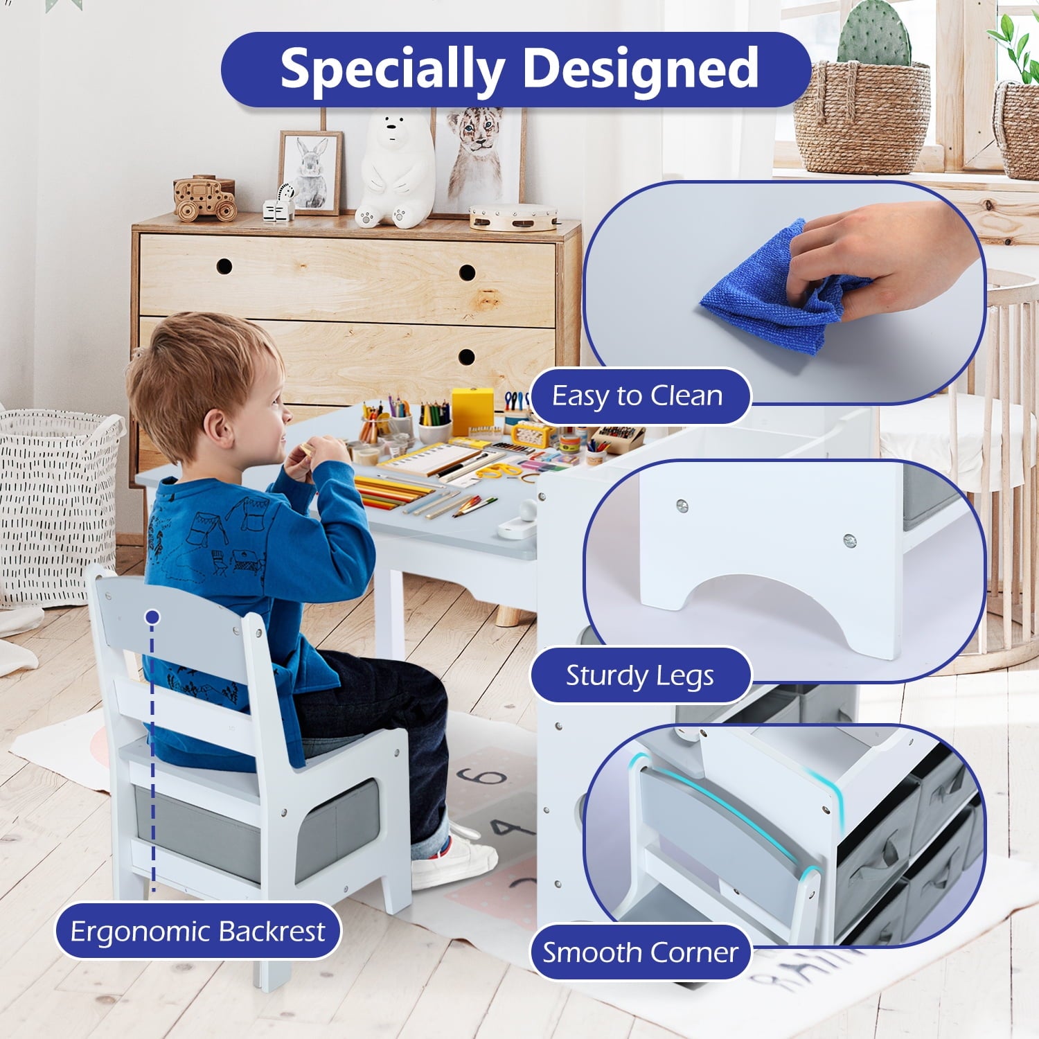 AILEEKISS Kids Table and Chair Set,Children Play Activity Desk for Drawing, Grey