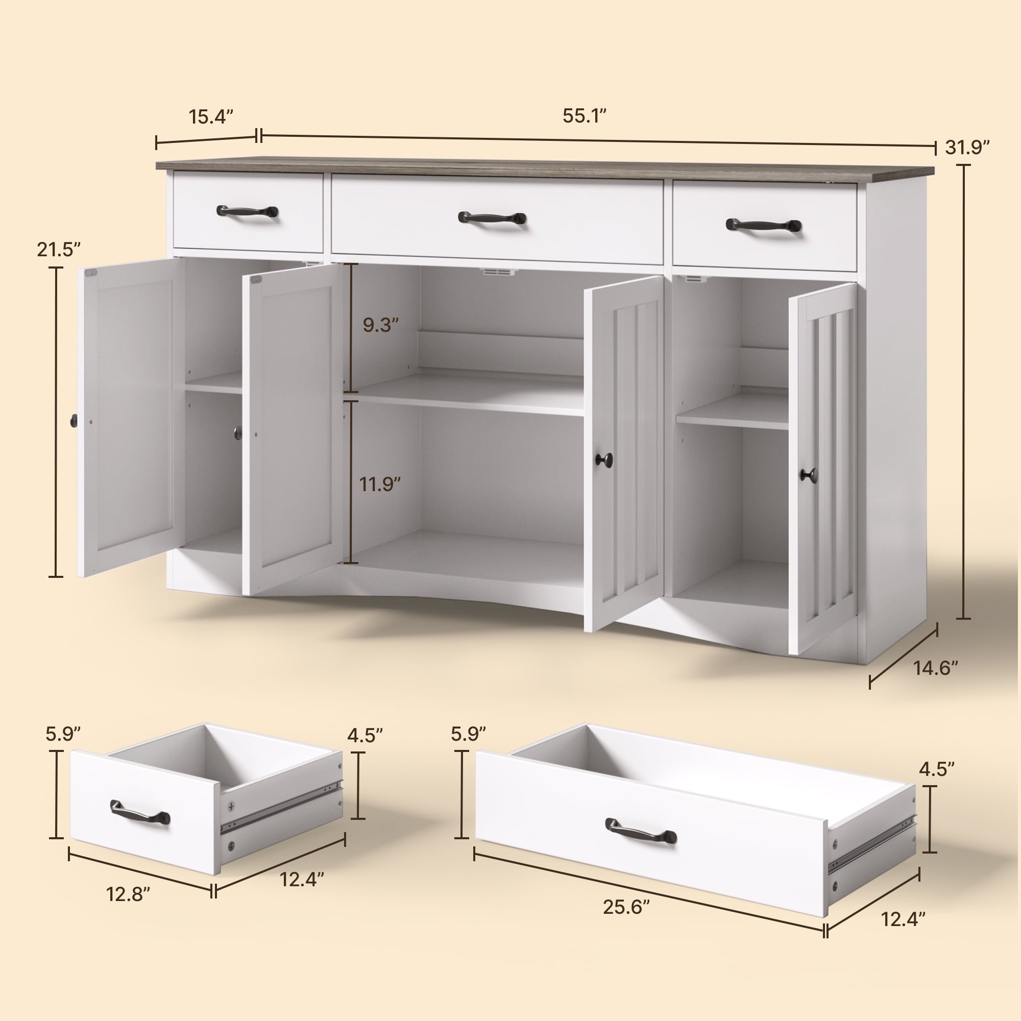 Aiho Modern Sideboard Buffet Cabinet with Storage – 55.1" W x 15.2" D x 31.9" H, Wooden Cabinet with Drawers and Doors for Dining Room, Kitchen, or Coffee Bar, White/Grey