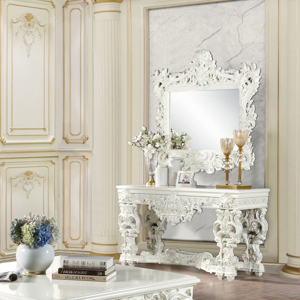 ACME Adara Wooden Top Sofa Table with Floral Legs in Antique White