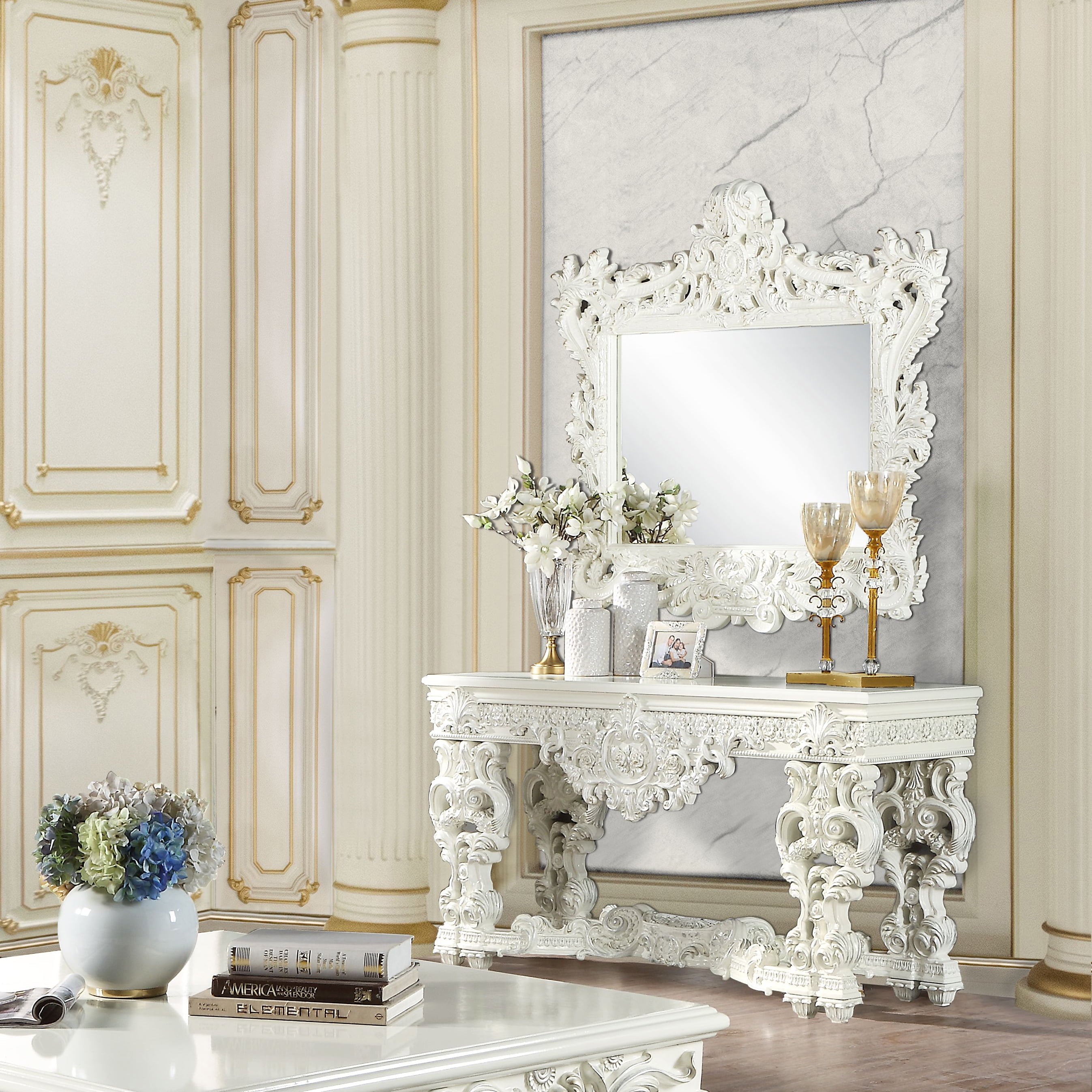 ACME Adara Wooden Top Sofa Table with Floral Legs in Antique White