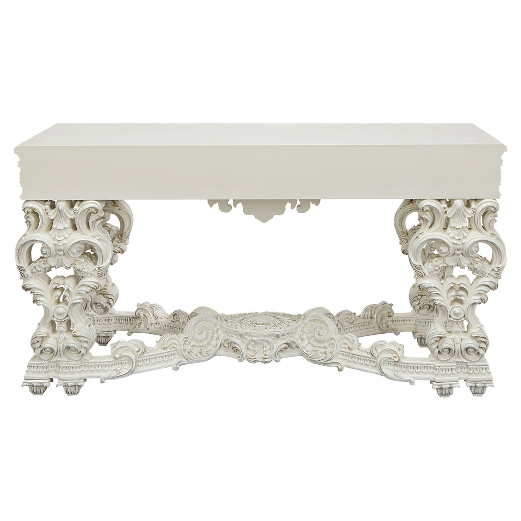 ACME Adara Wooden Top Sofa Table with Floral Legs in Antique White