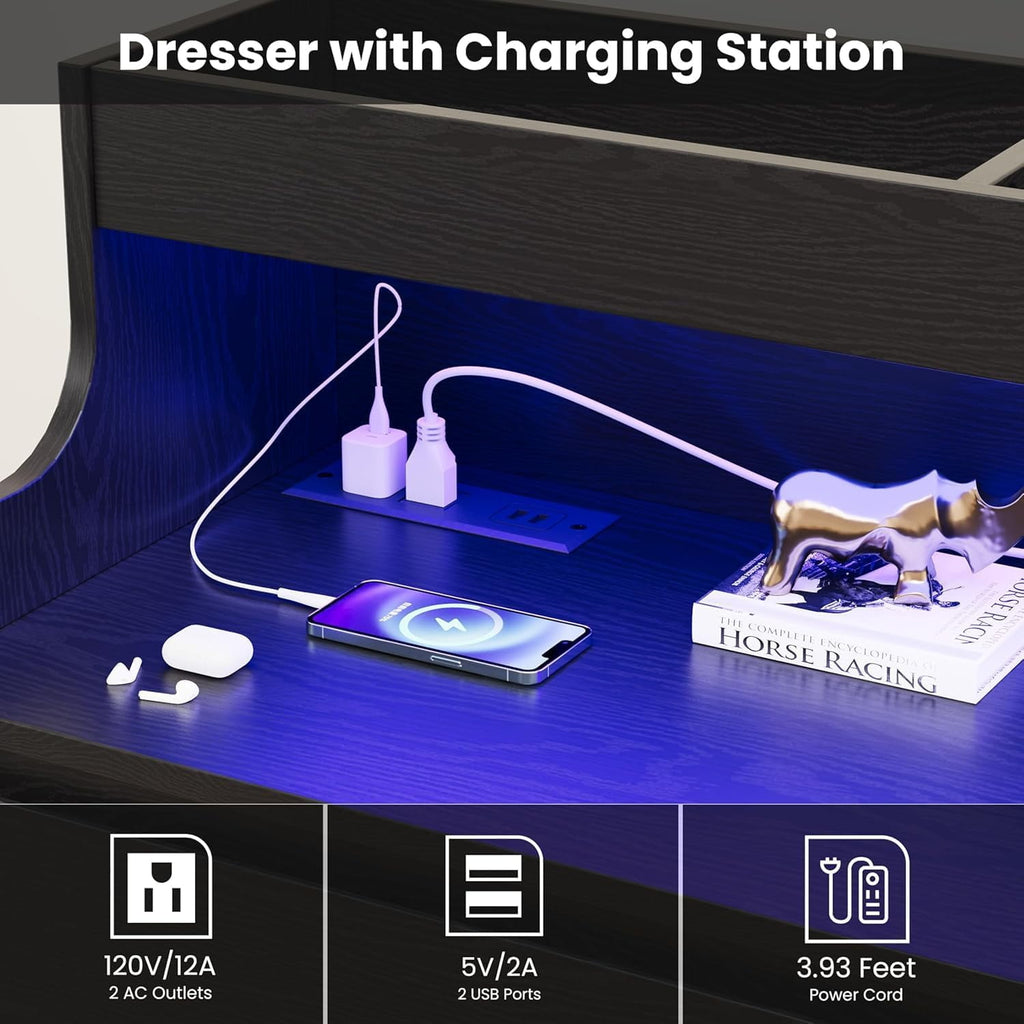 6 Drawers Dresser,Mid Century Modern Dresser with LED&Charging Station,Boho Dressers for Bedroom, Living Room, Hallway