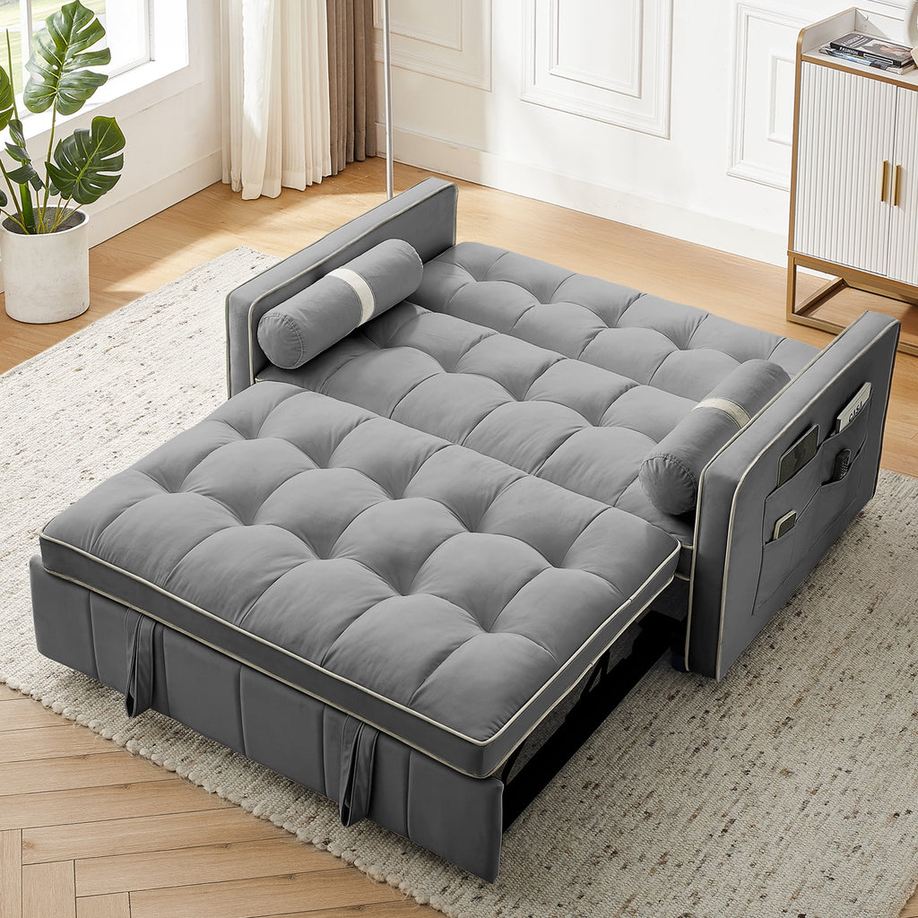 3 in 1 Convertible Sleeper Sofa Bed,55" Modern Velvet Sofa Couch Bed with 2 Lumbar Pillows and Adjsutable Backrest,2 Seater Loveseats Sofa for Apartment Office Living Room,Gray