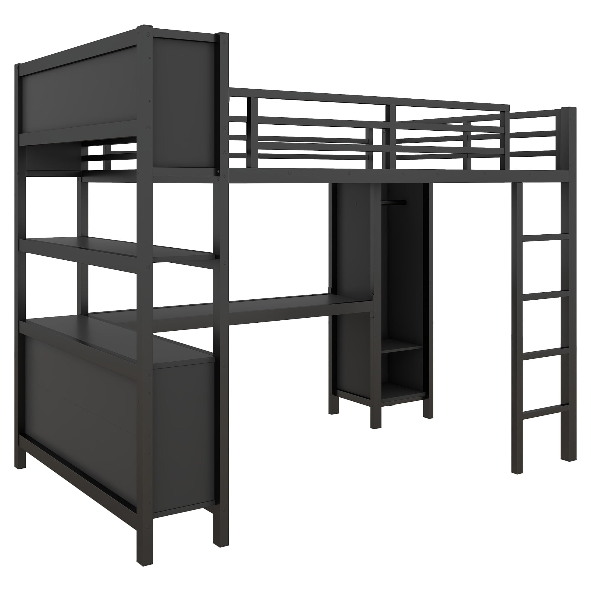 Bellemave Full Size Loft Bed with Desk and Storage, Metal Loft Bed Frame with Wardrobe, Storage Cubes and Shelves, Space Saving Loft Bed with Guardrails for Teens, Black