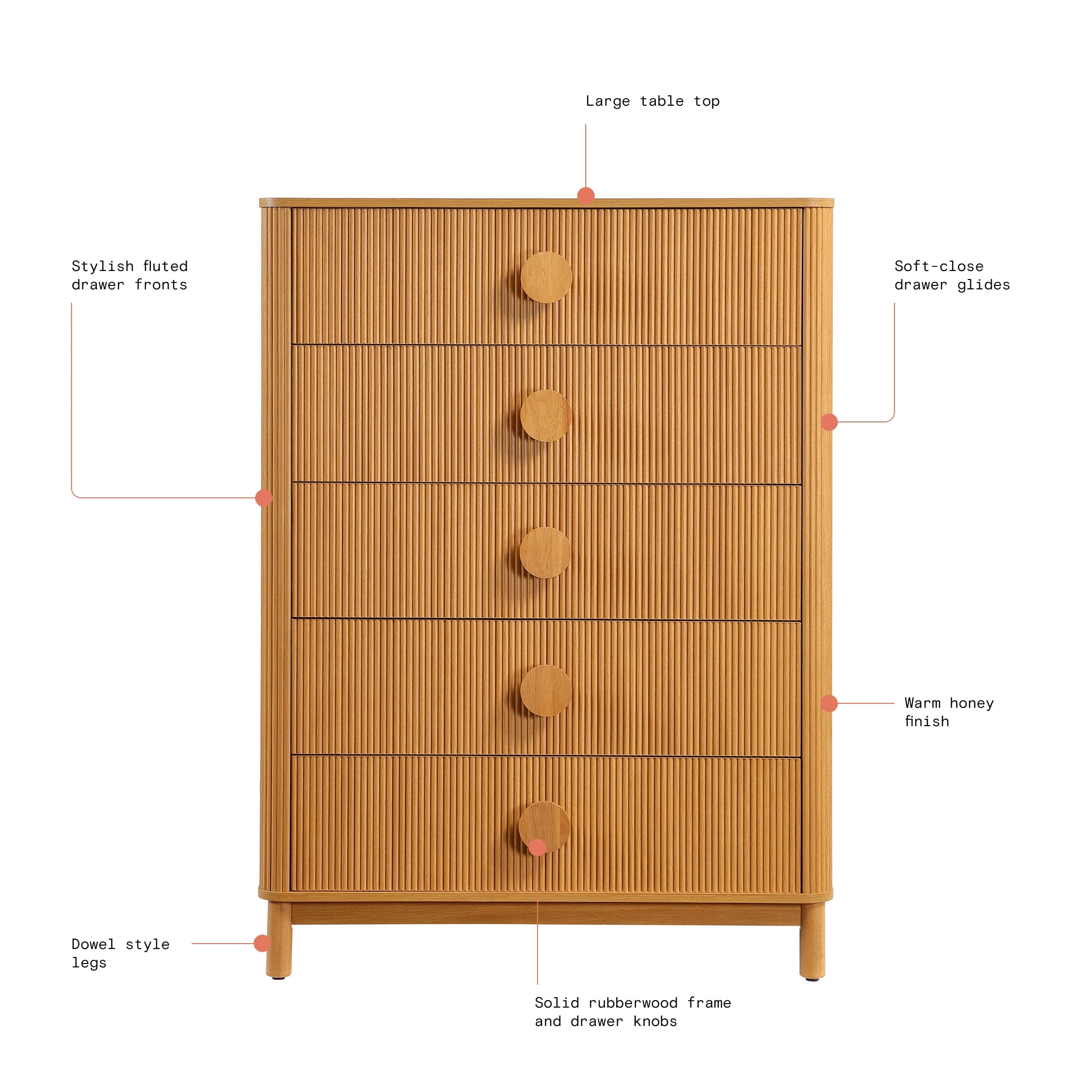 Beautiful Fluted 5-Drawer Dresser, Warm Honey Finish
