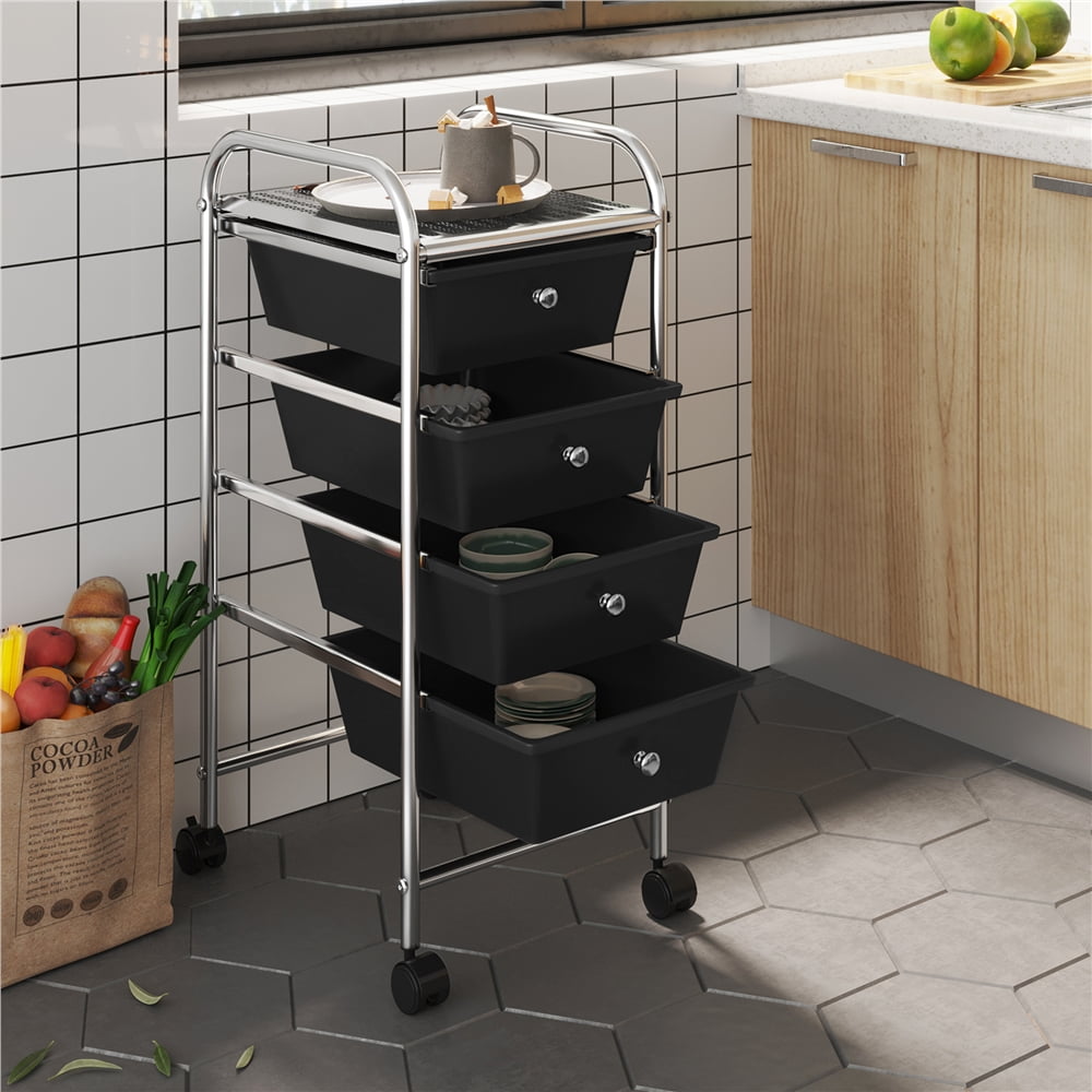 Alden Design 4 Drawers Metal Frame Storage Cart Rolling Bin Trolley, Black