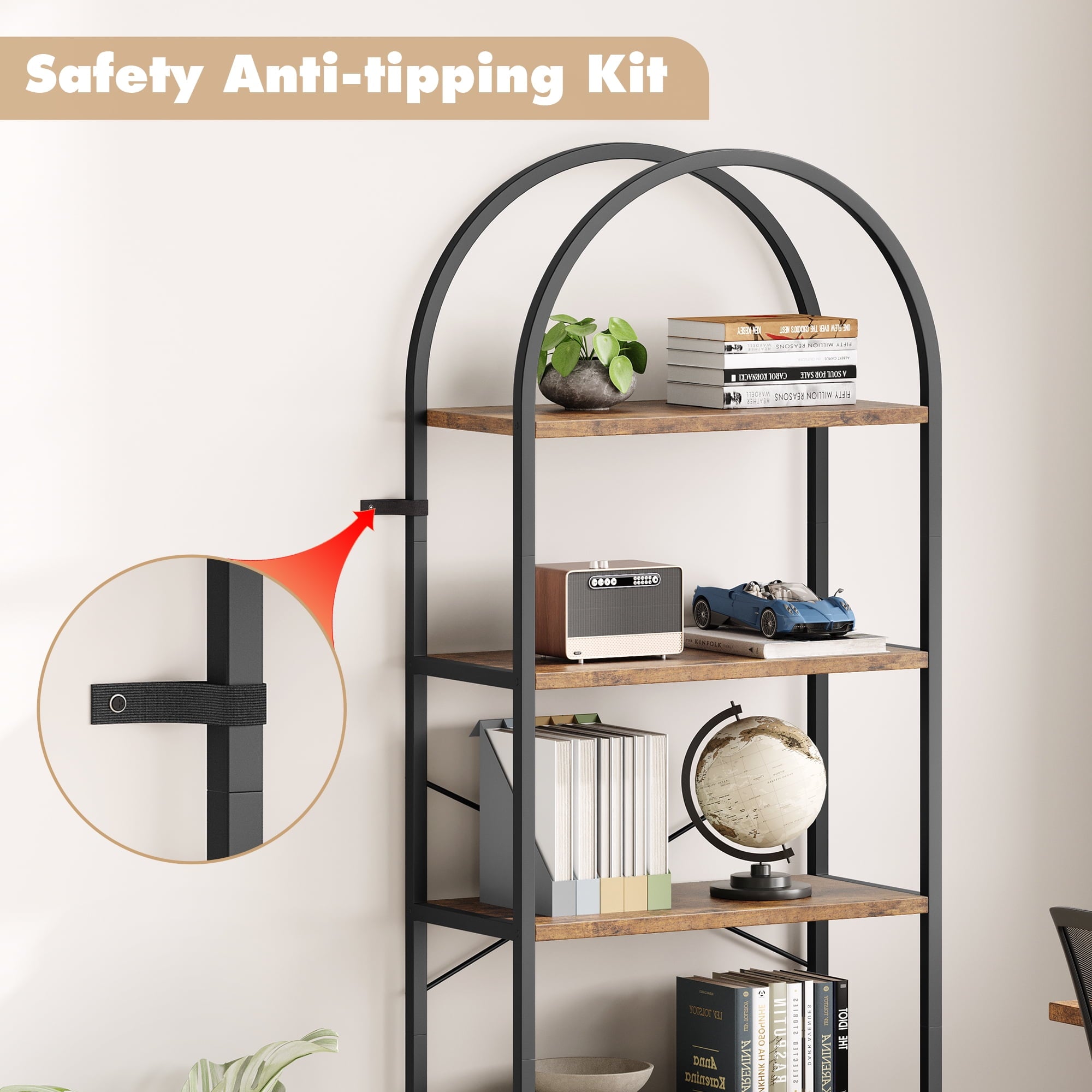 Arched Bookshelf, 5-Tier Open Bookshelf, Modern Storage Bookcase with Metal Frame and Shelves, Freestanding Display Rack Tall Shelving Unit for Bedroom, Living Room, Home Office