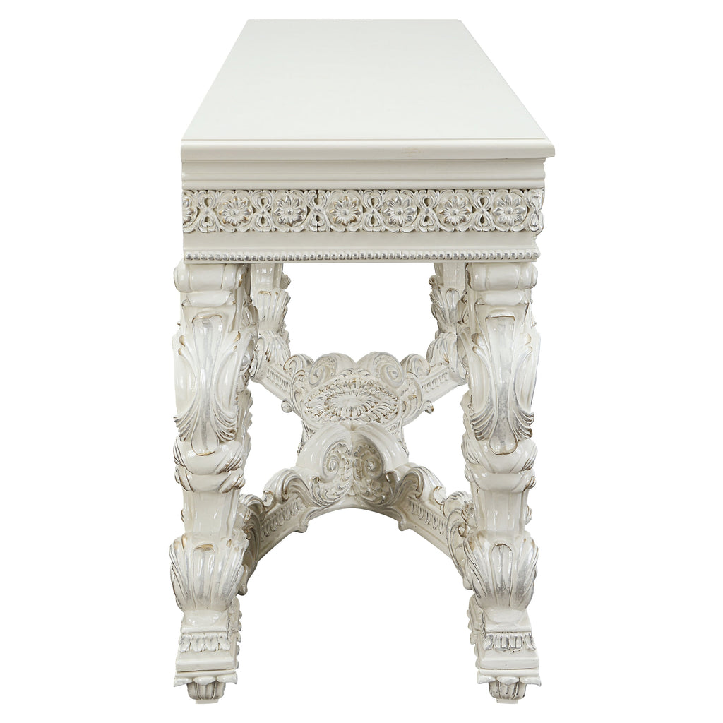 ACME Adara Wooden Top Sofa Table with Floral Legs in Antique White