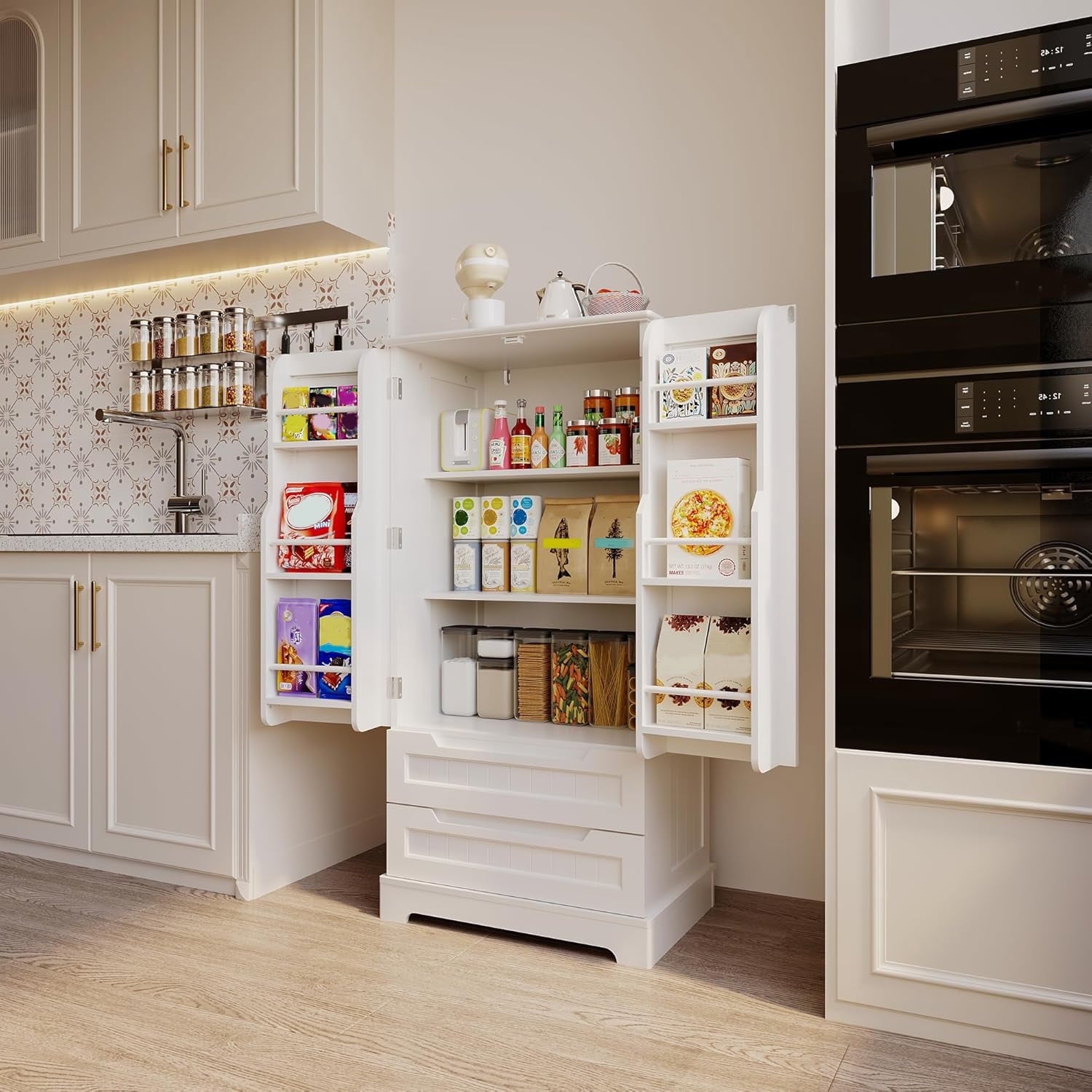 Aiho 47" Tall Kitchen Storage Cabinet with 2 doors and 2 drawers, Storage Cabinet for Kitchen and Living room, White