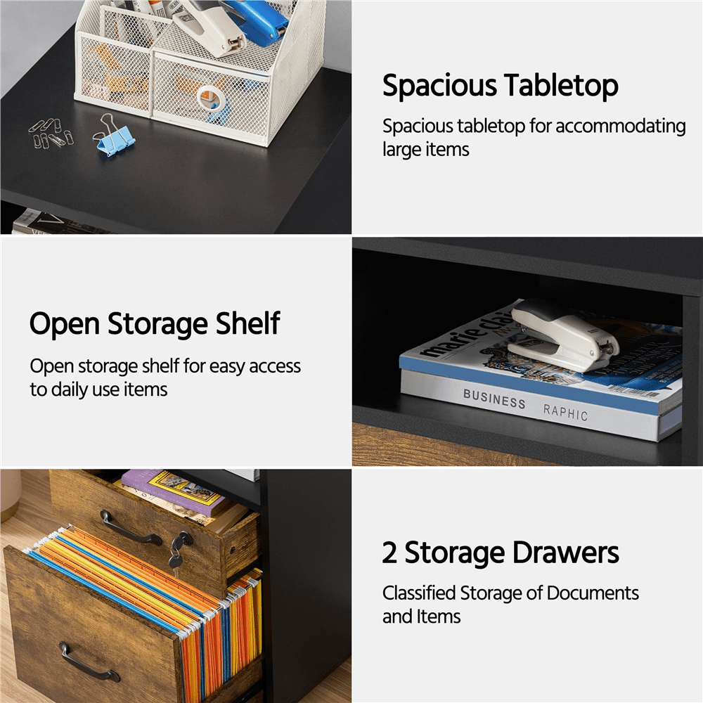 Alden Design Rolling Wooden File Cabinet with 2 Drawers and Shelf, Black/Rustic Brown